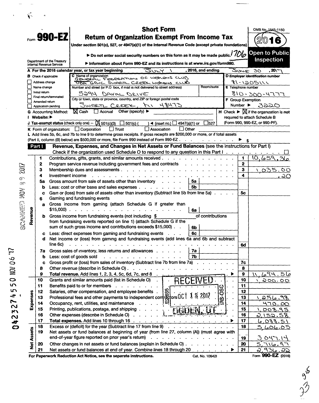 Image of first page of 2016 Form 990EZ for General Federation of Womens Club / GFWC Swartz Creek Womans Club