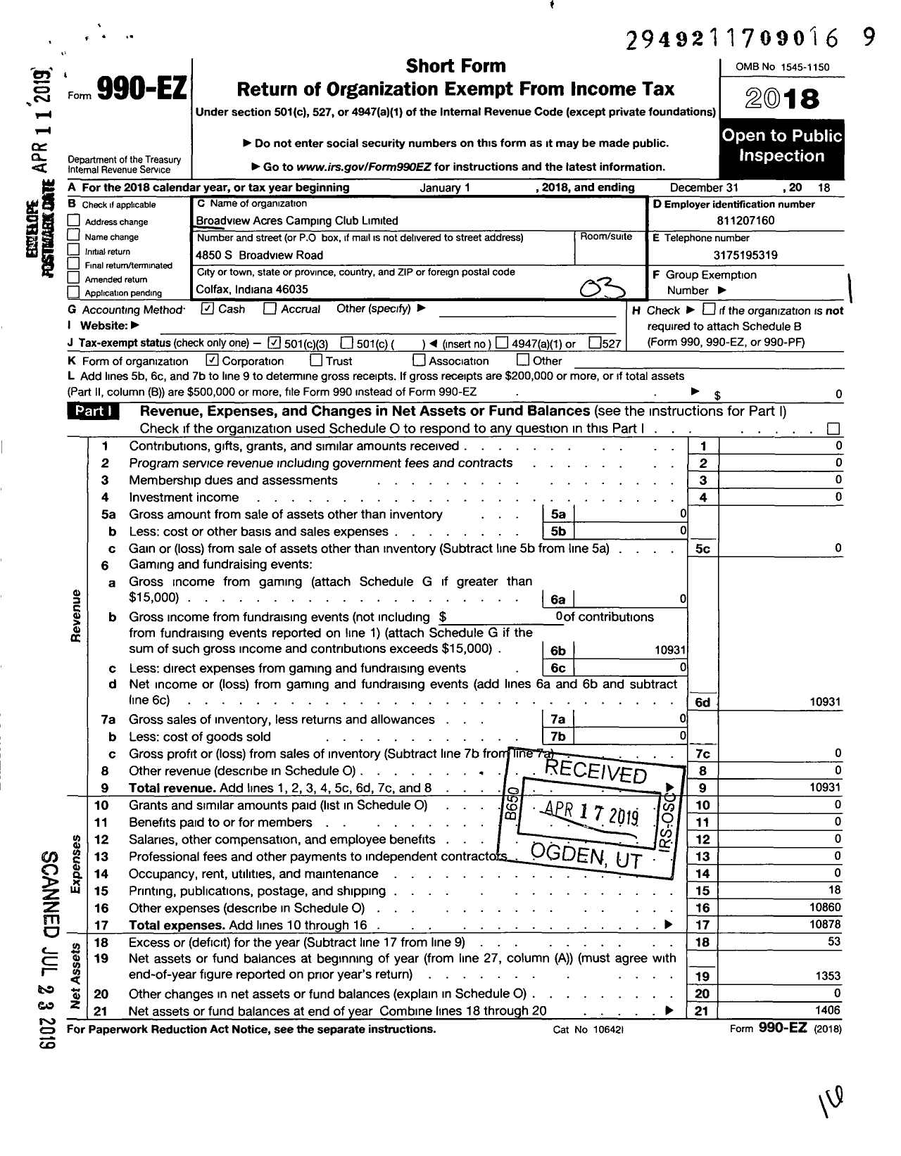 Image of first page of 2018 Form 990EZ for Broadview Acres Camping Club