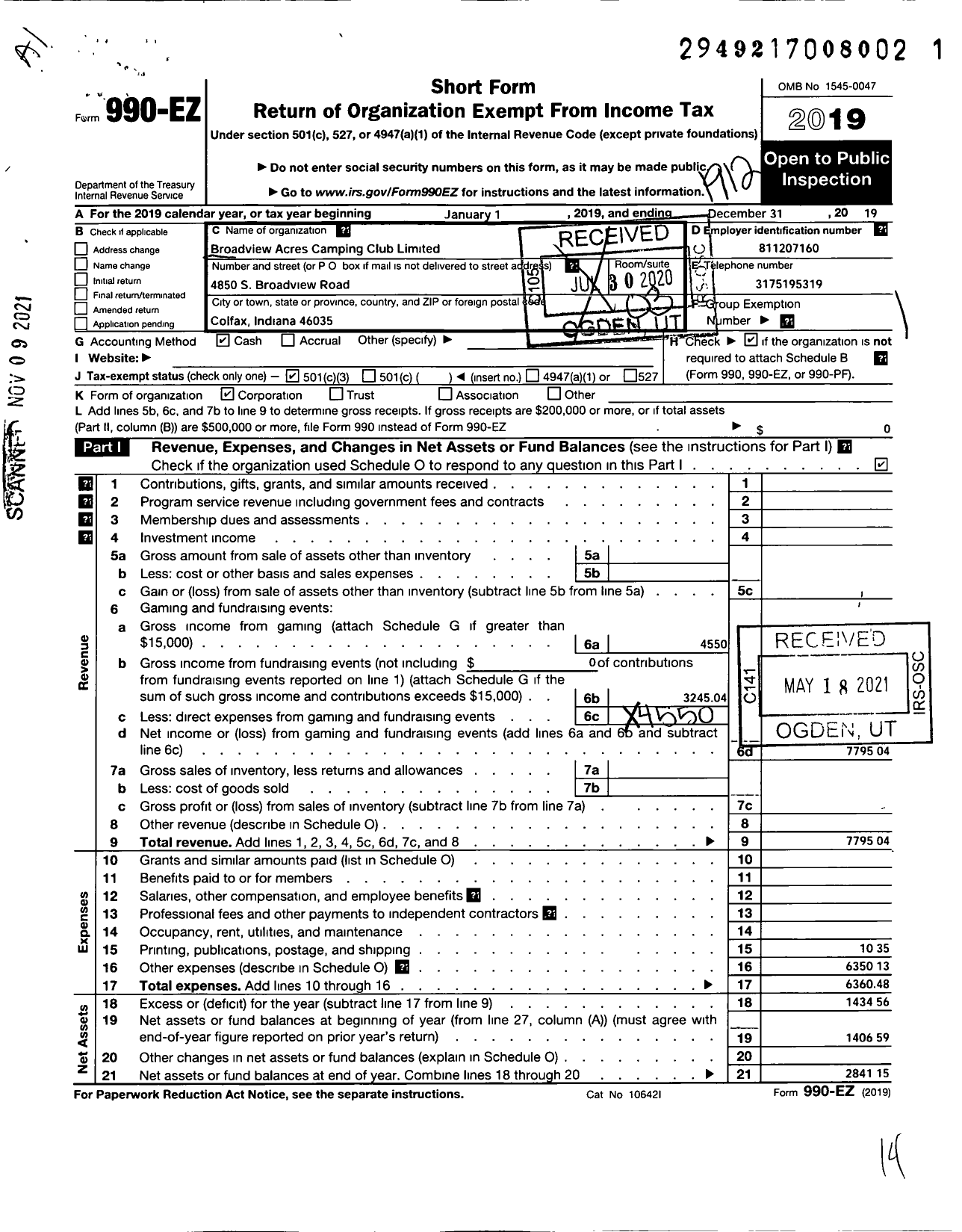 Image of first page of 2019 Form 990EZ for Broadview Acres Camping Club