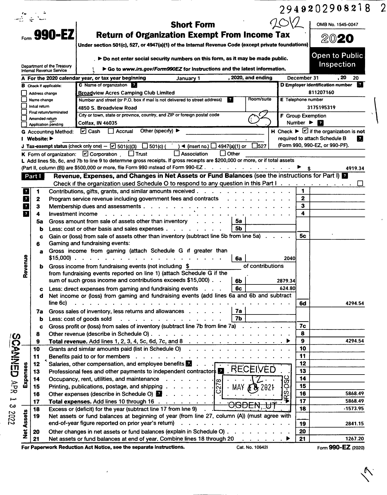 Image of first page of 2020 Form 990EZ for Broadview Acres Camping Club