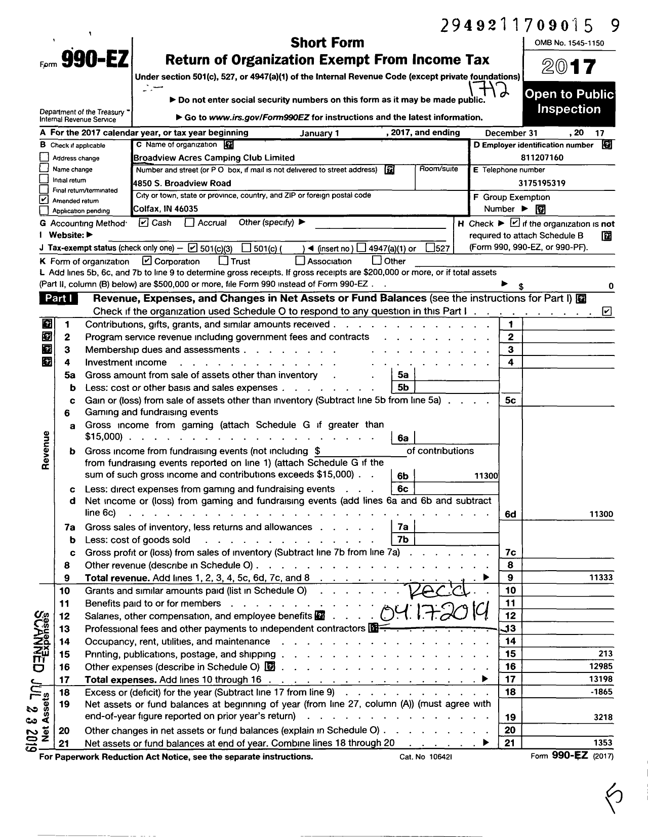 Image of first page of 2017 Form 990EZ for Broadview Acres Camping Club