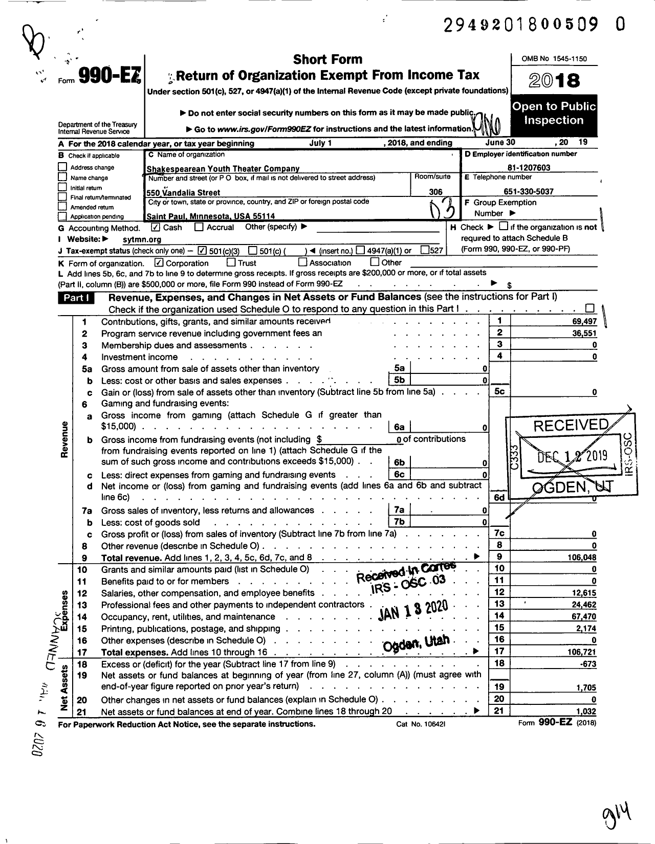 Image of first page of 2018 Form 990EZ for Shakespearean Youth Theatre (SYT)