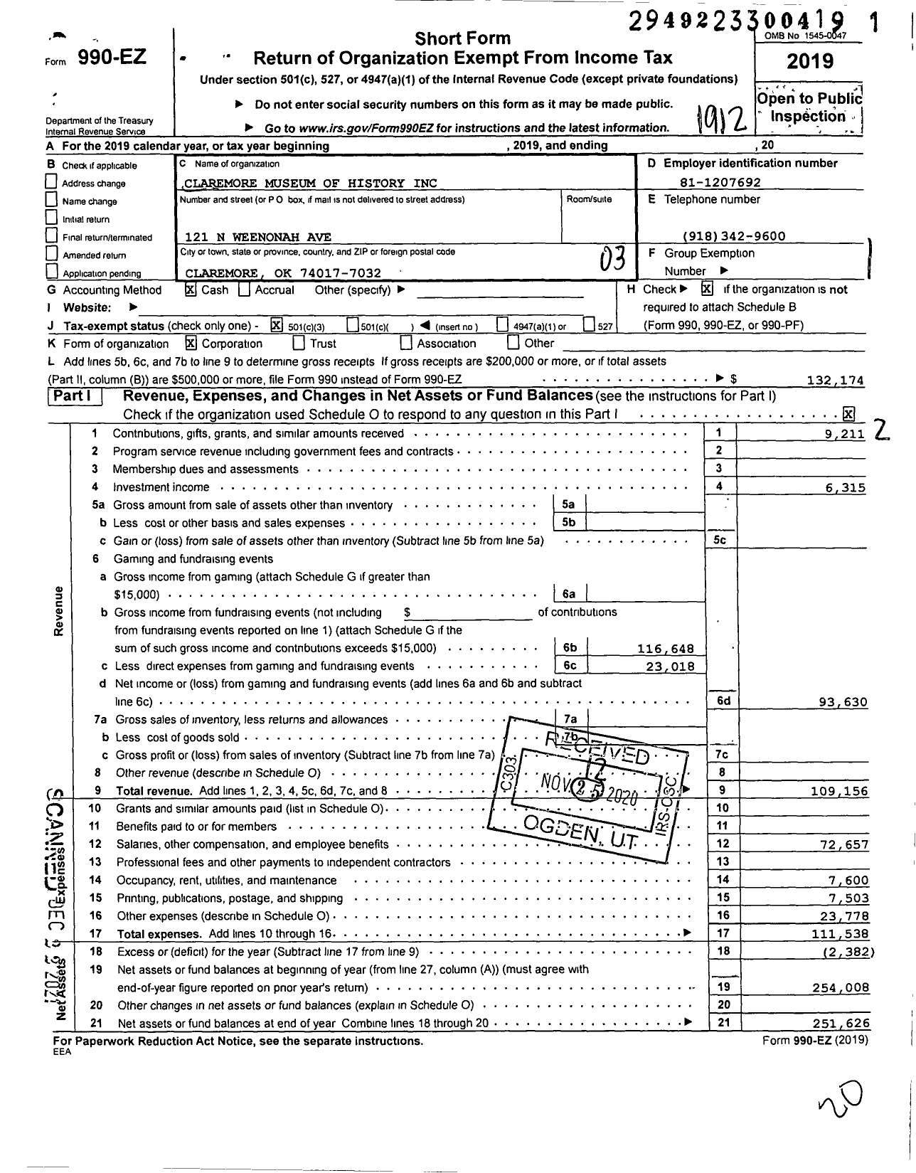 Image of first page of 2019 Form 990EZ for Claremore Museum of History