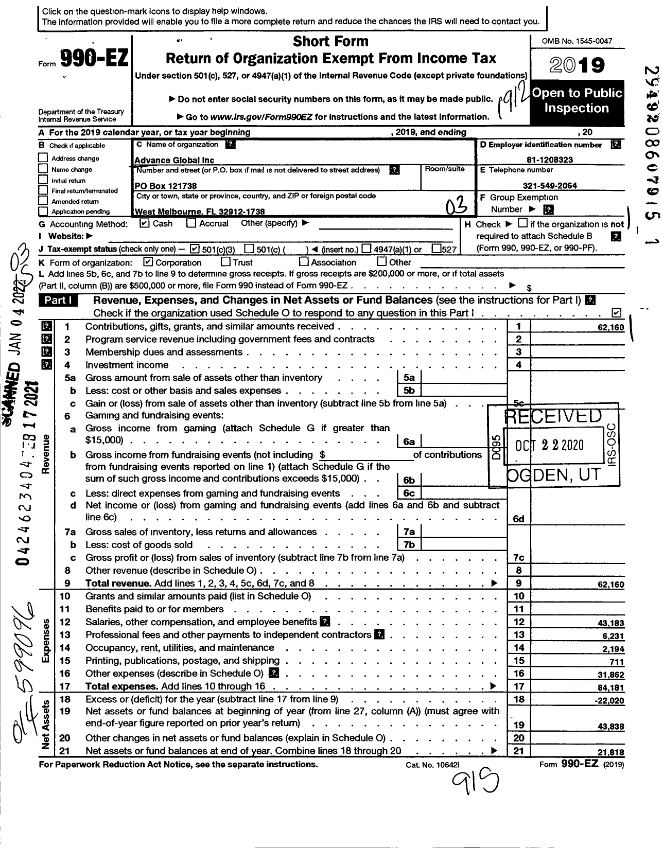 Image of first page of 2019 Form 990EZ for Advance Global