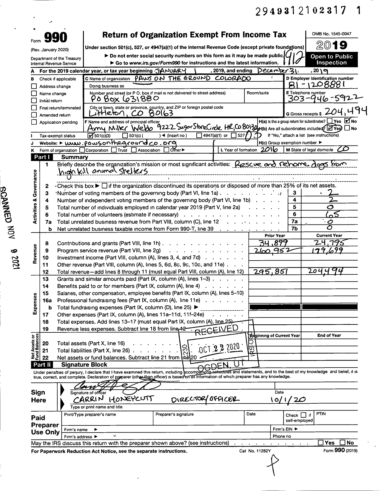 Image of first page of 2019 Form 990 for Paws on the Ground Colorado