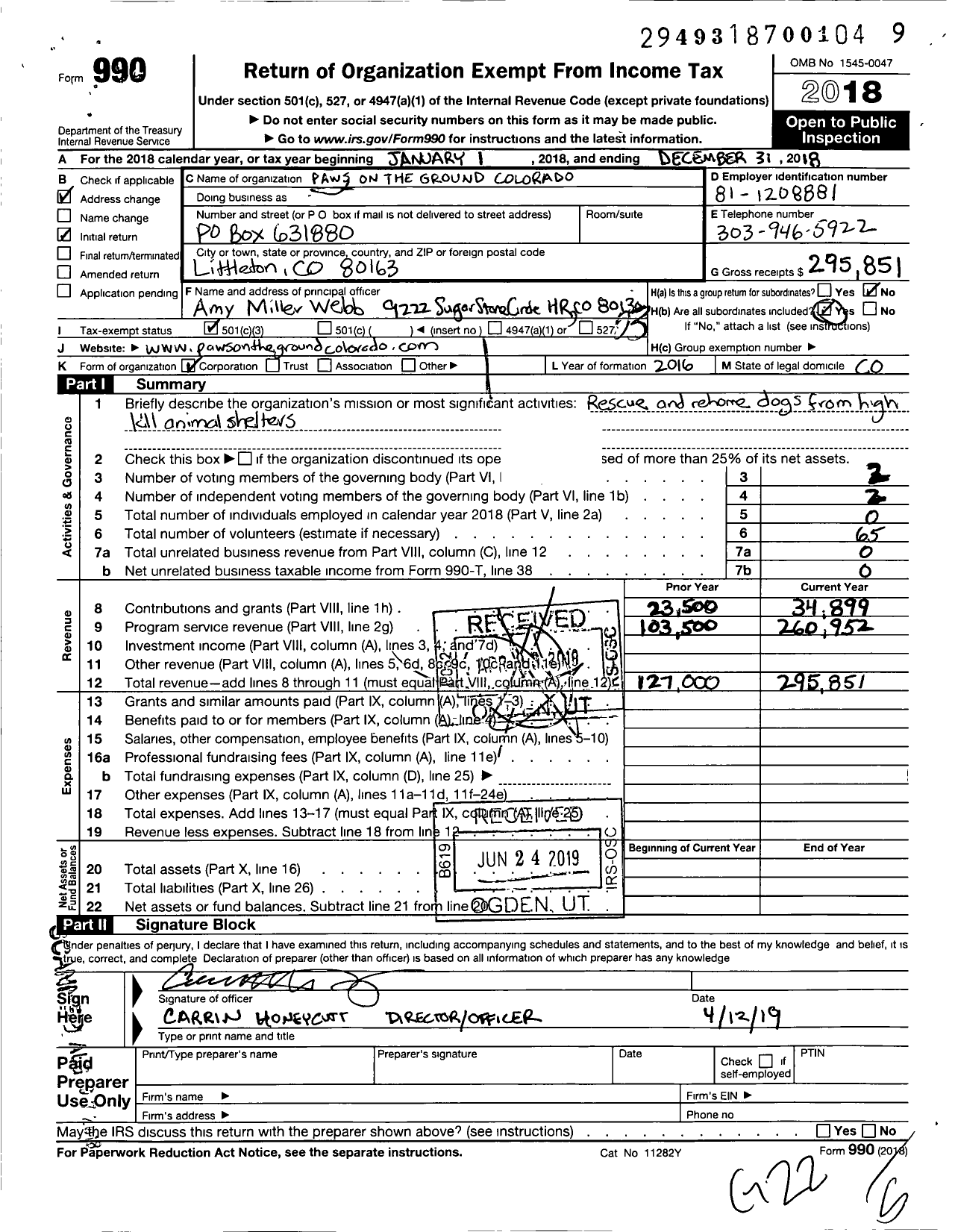 Image of first page of 2018 Form 990 for Paws on the Ground Colorado