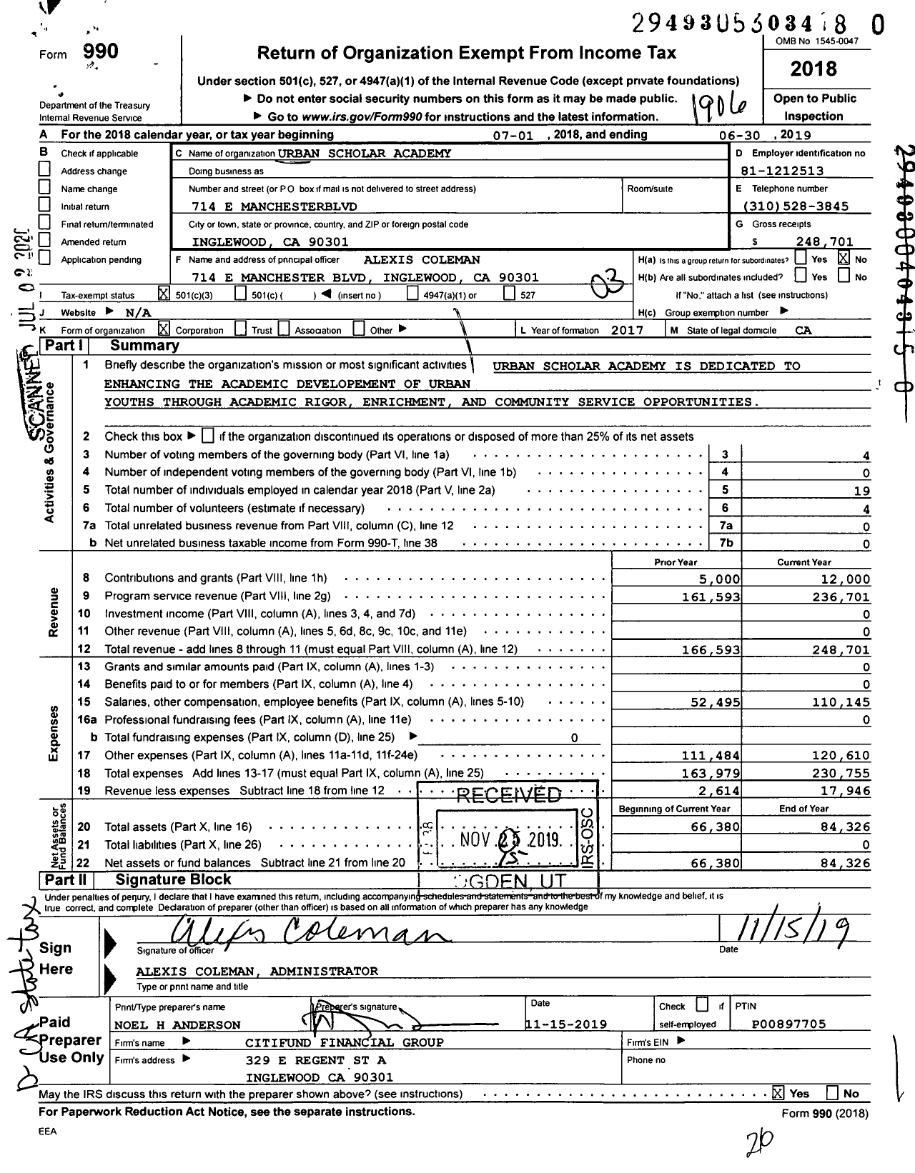 Image of first page of 2018 Form 990 for Urban Scholar Academy