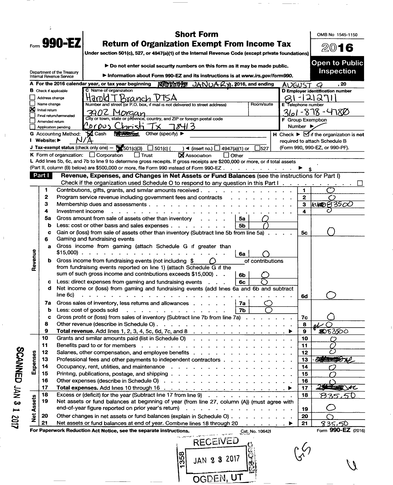 Image of first page of 2015 Form 990EZ for Texas PTA - 2269677 Harold T Branch Academy PTS
