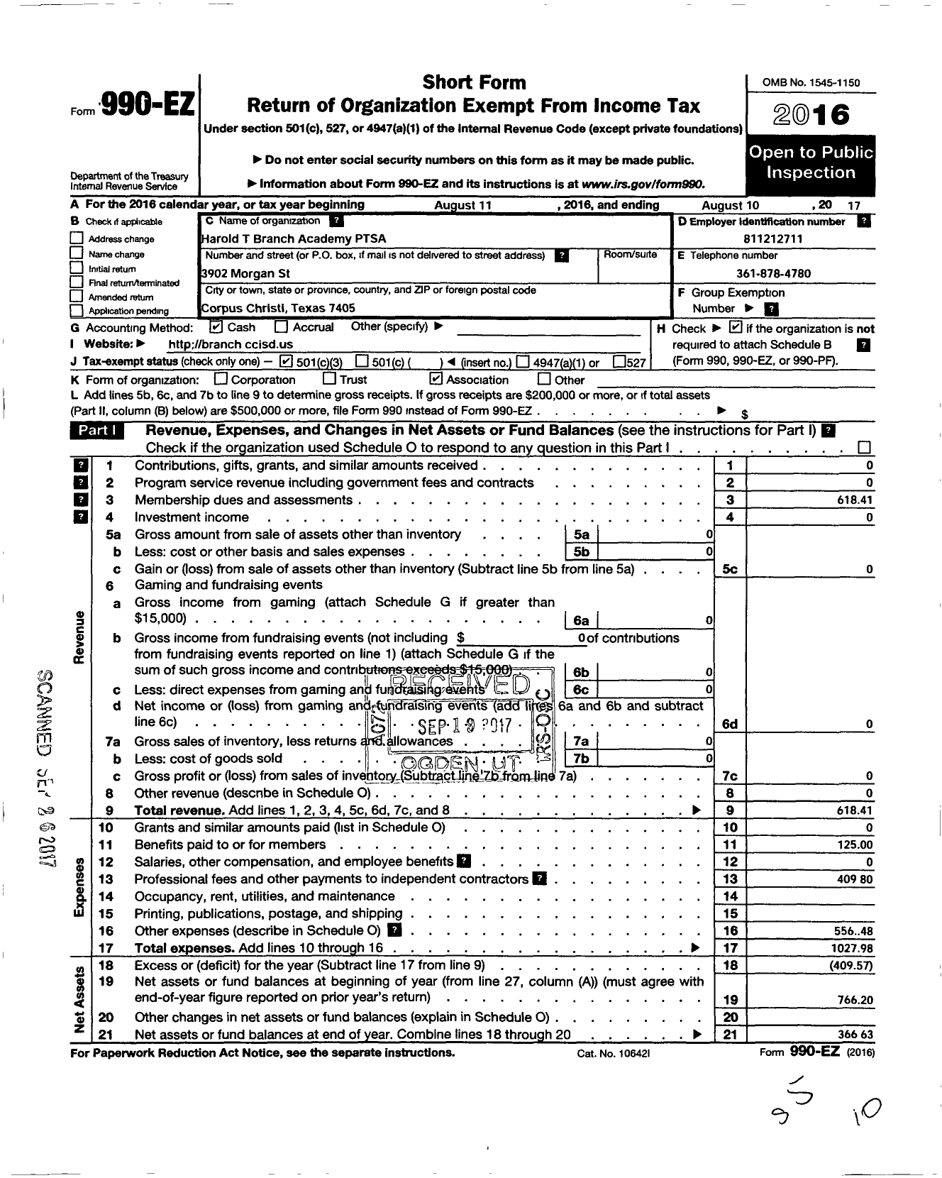 Image of first page of 2016 Form 990EZ for Texas PTA - 2269677 Harold T Branch Academy PTS