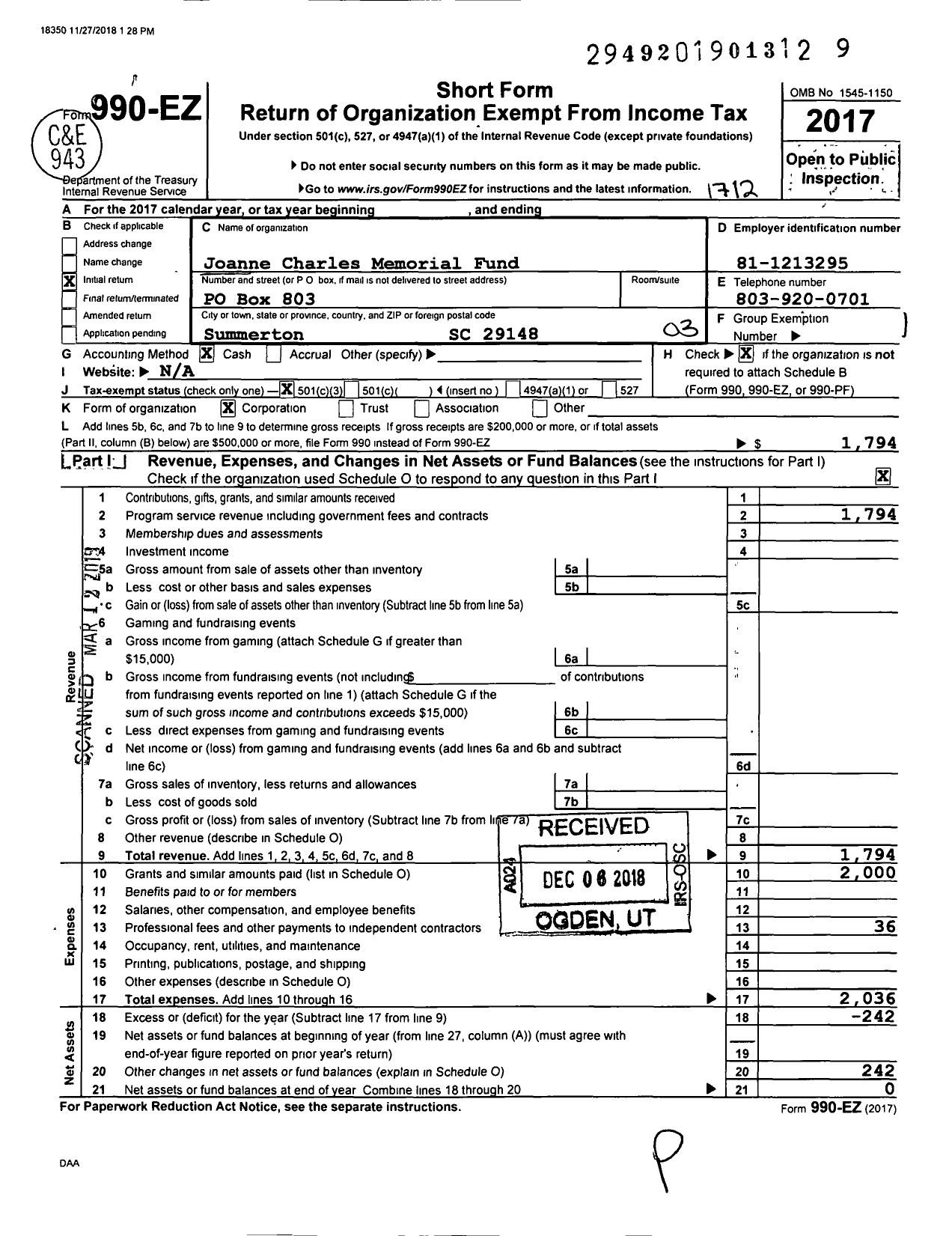 Image of first page of 2017 Form 990EZ for Joanne W Charles Memorial Fund