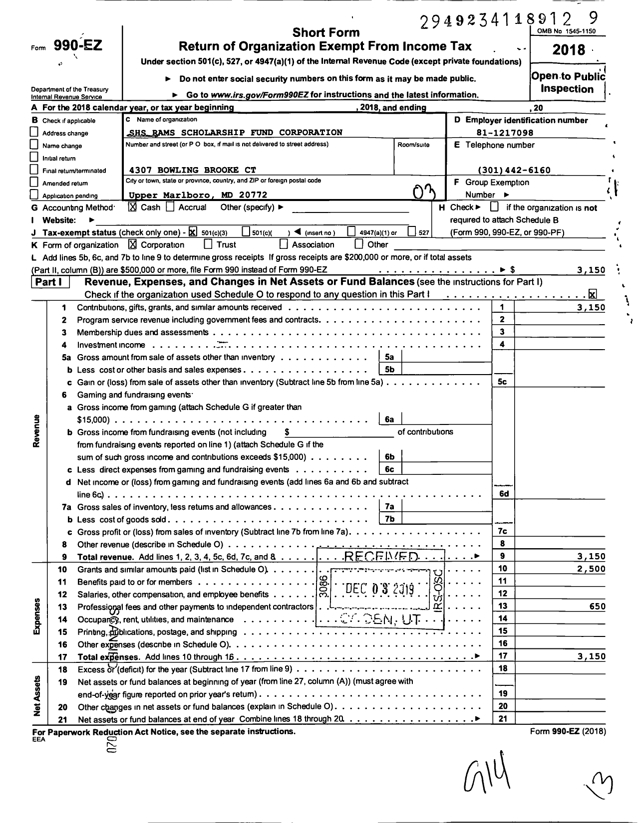 Image of first page of 2018 Form 990EZ for SHS Rams Scholarship Fund Corporation