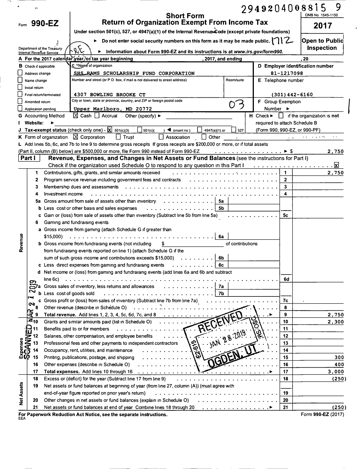 Image of first page of 2017 Form 990EZ for SHS Rams Scholarship Fund Corporation