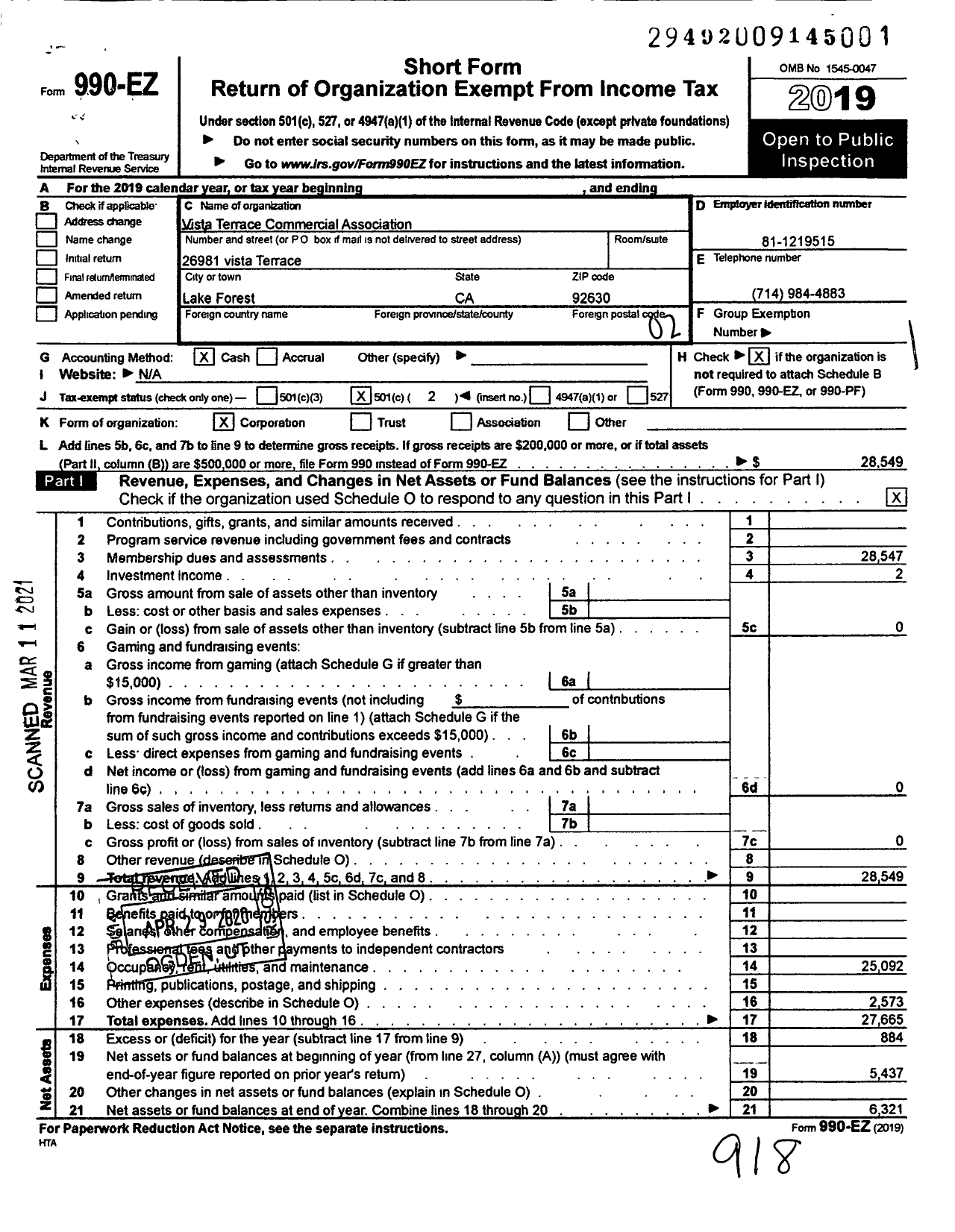 Image of first page of 2019 Form 990EO for Vista Terrace Commercial Association