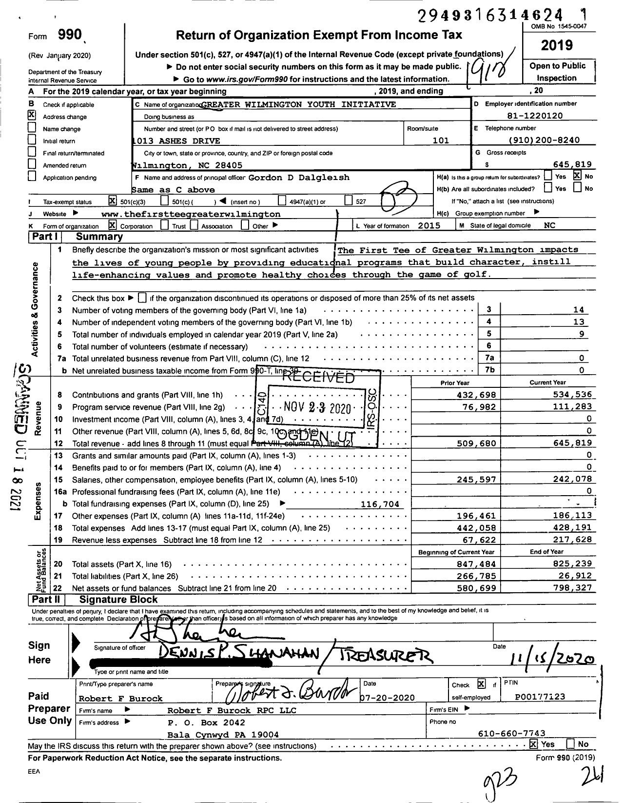 Image of first page of 2019 Form 990 for First Tee of Greater Wilmington