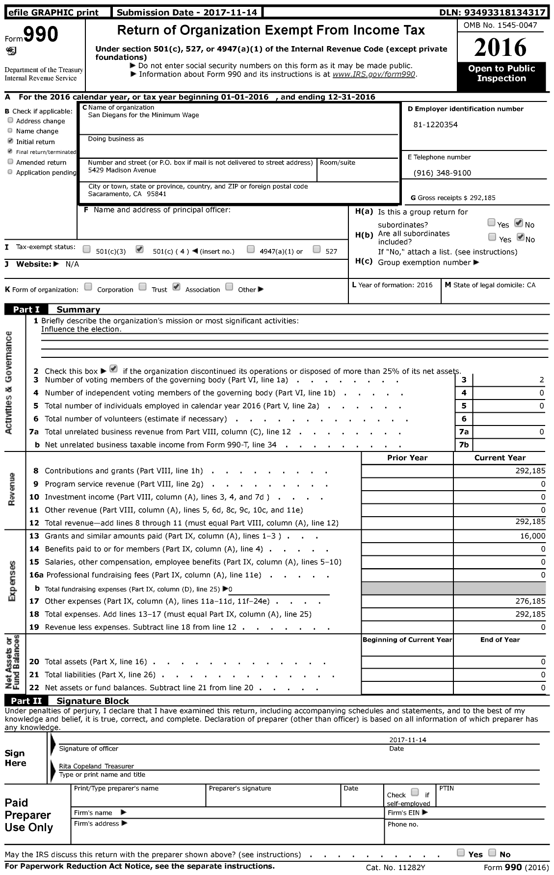 Image of first page of 2016 Form 990 for San Diegans for the Minimum Wage