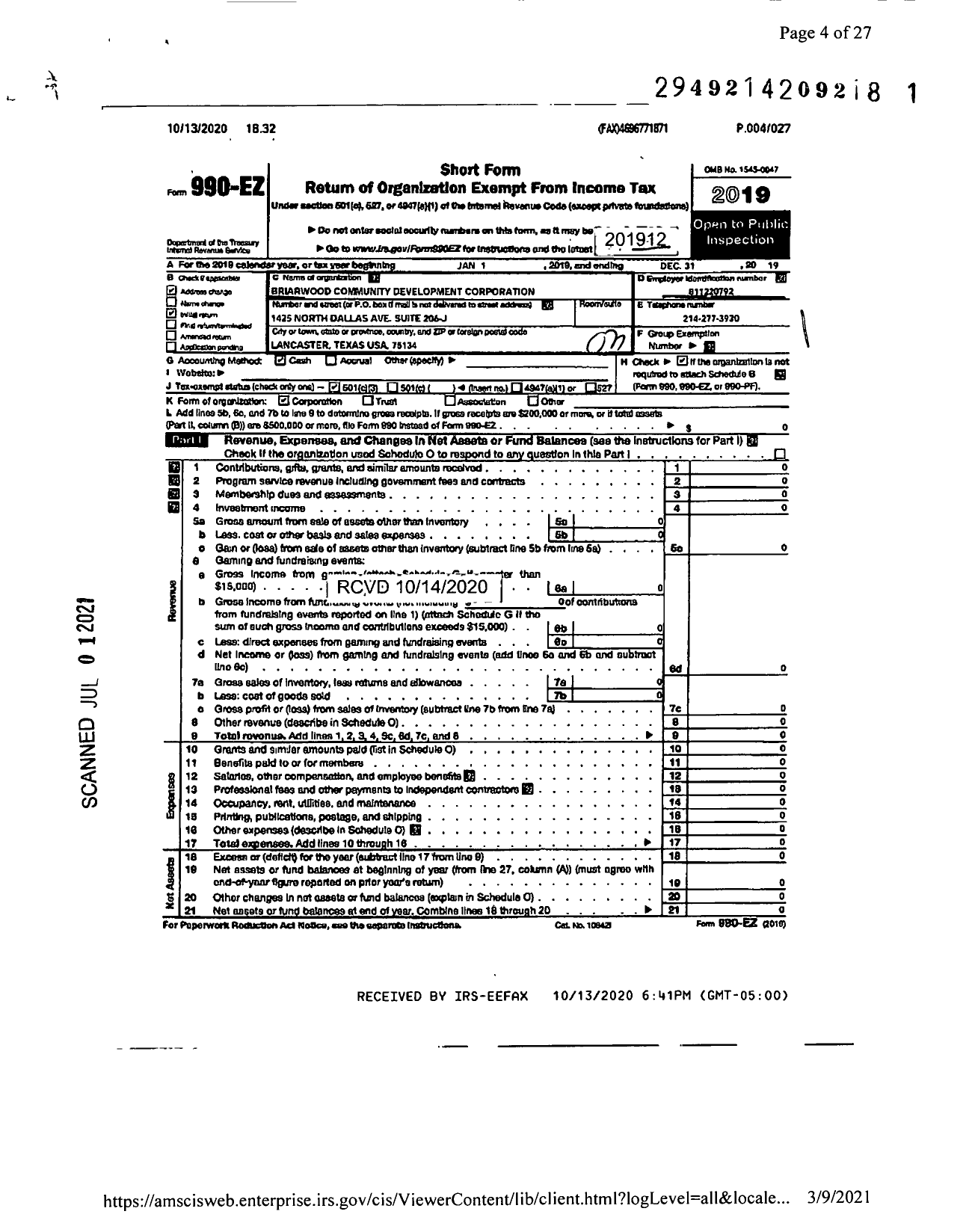 Image of first page of 2019 Form 990EZ for Briarwood Community Development Corporation