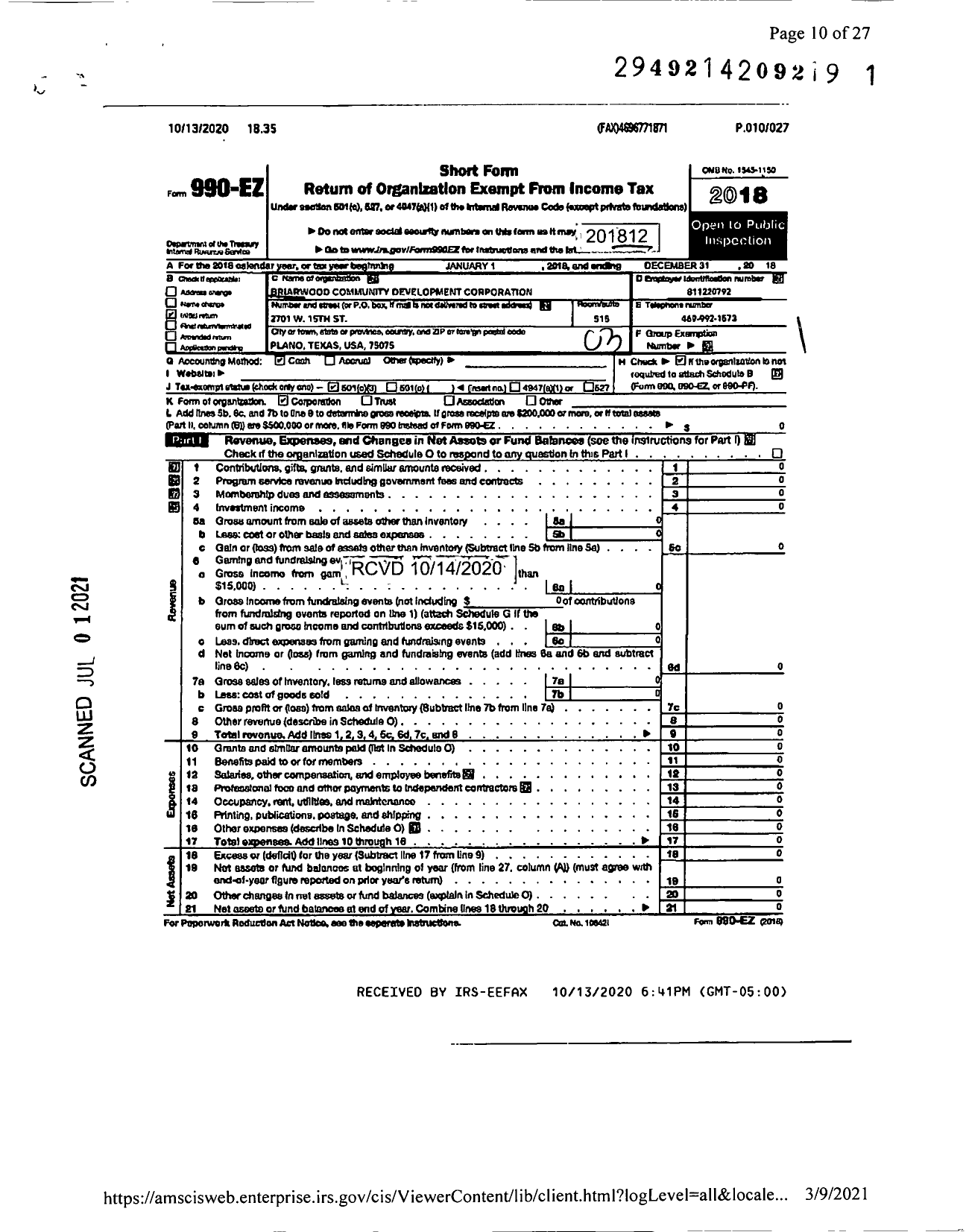 Image of first page of 2018 Form 990EZ for Briarwood Community Development Corporation