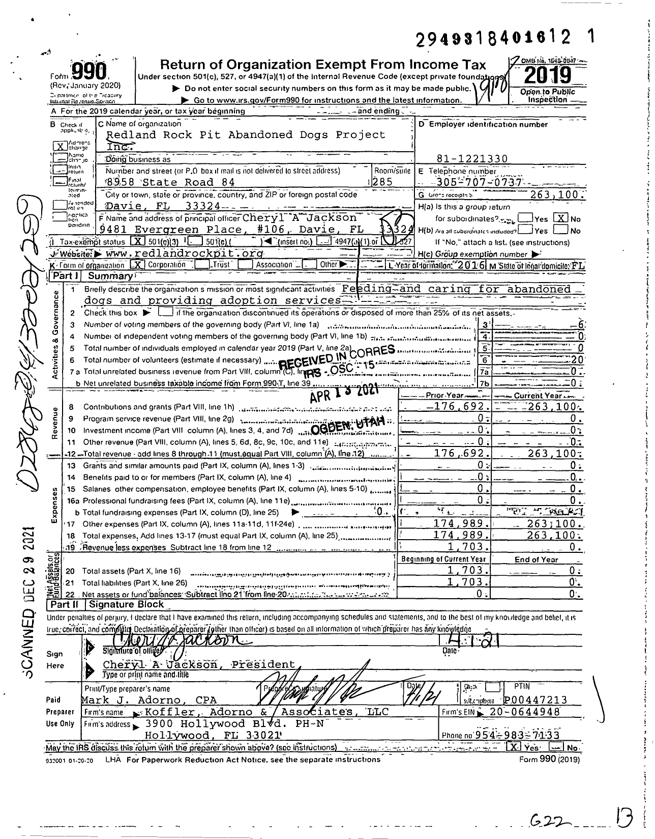 Image of first page of 2019 Form 990 for Redland Rock Pit Abandoned Dogs Project