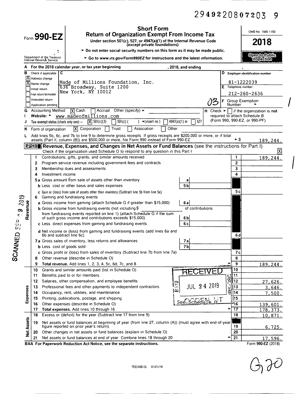 Image of first page of 2018 Form 990EZ for Made of Millions Foundation