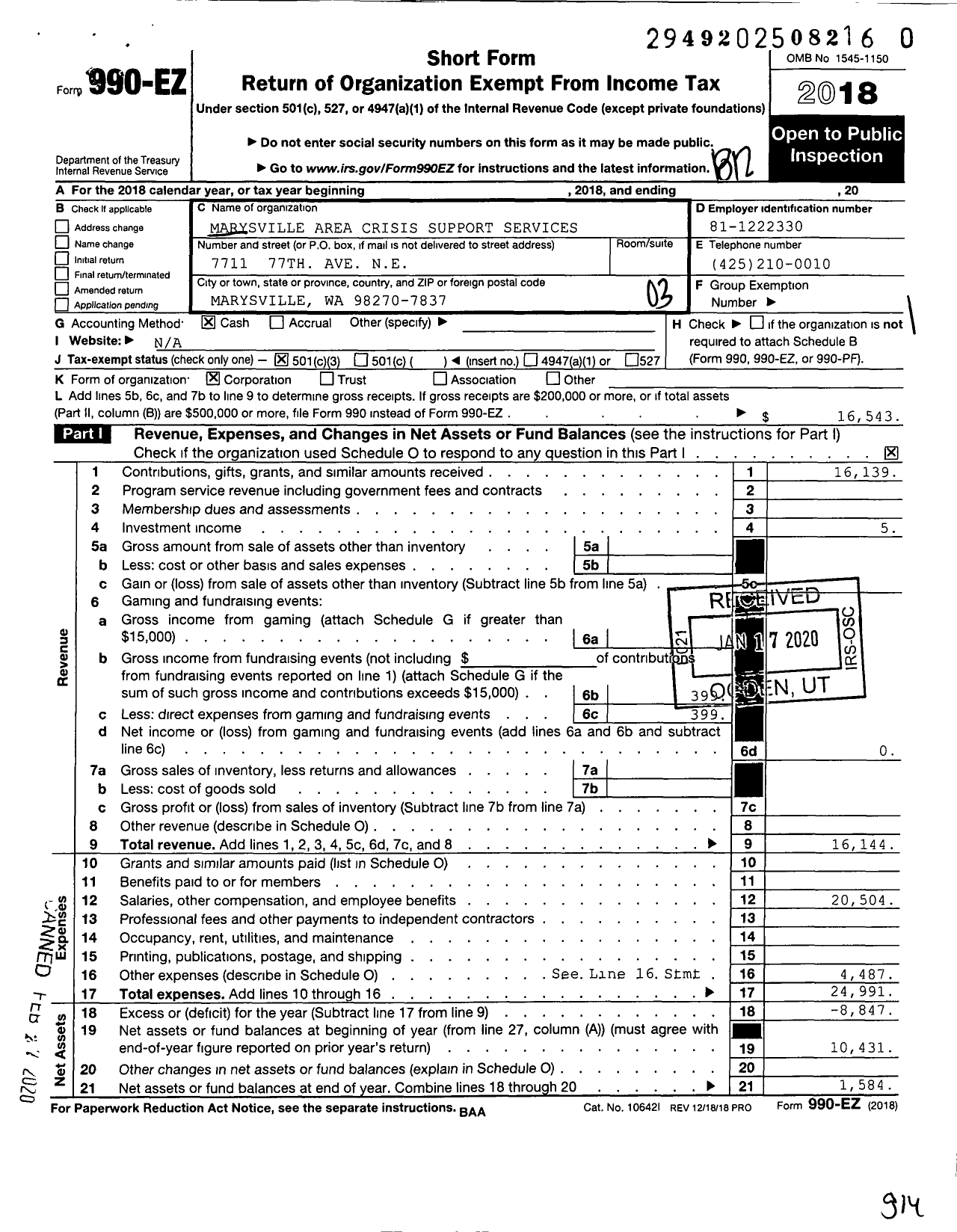 Image of first page of 2018 Form 990EZ for Marysville Area Crisis Support Services