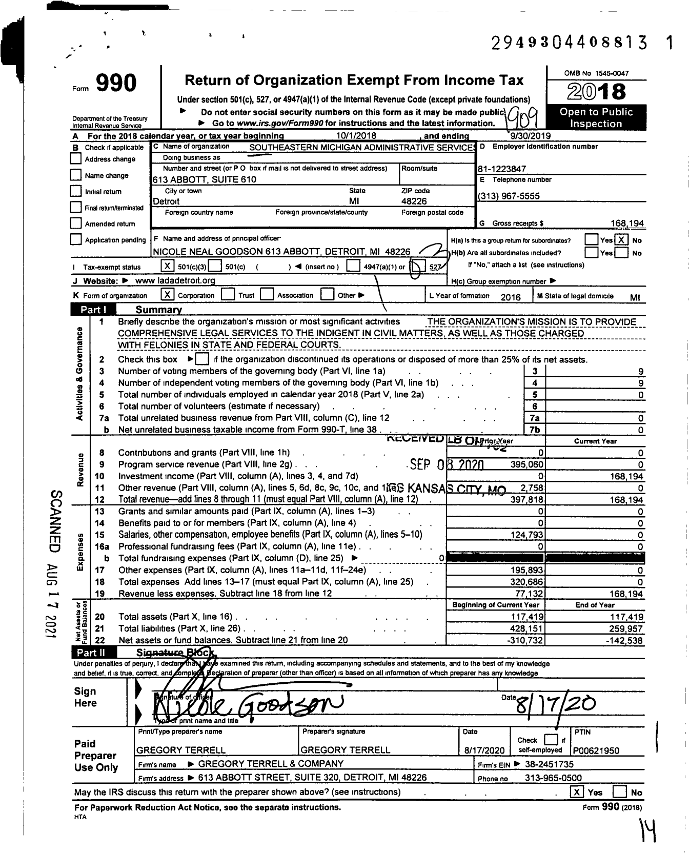 Image of first page of 2018 Form 990 for SOUTHEAsTERN MICHIGAN ADMINISTRATIVE SERVICES GROUP