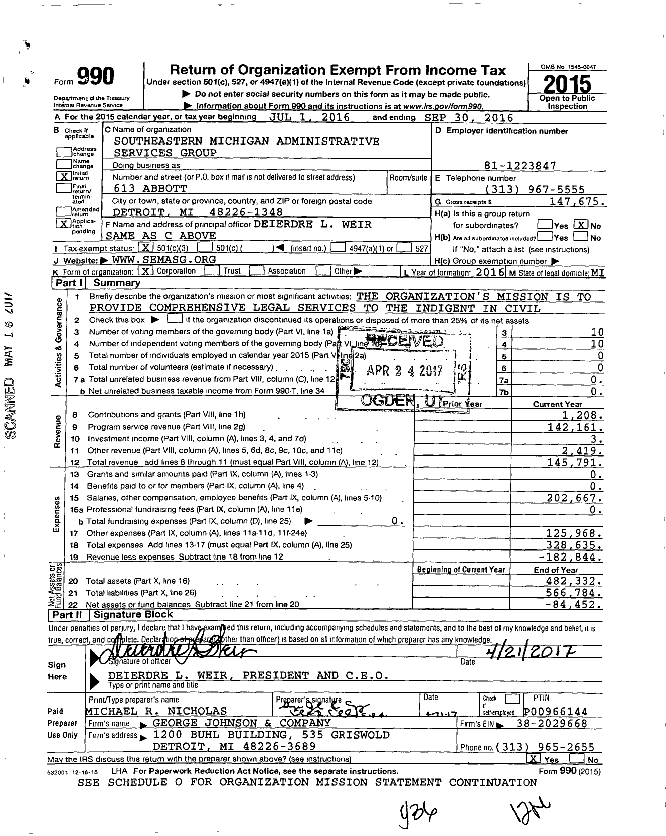 Image of first page of 2015 Form 990 for SOUTHEAsTERN MICHIGAN ADMINISTRATIVE SERVICES GROUP