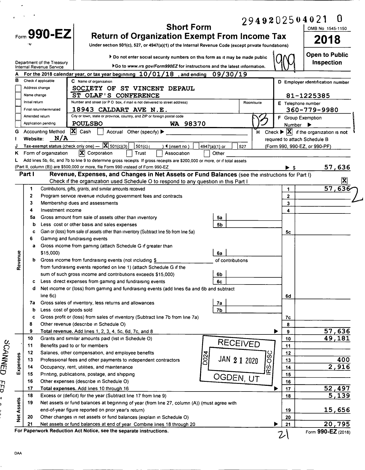 Image of first page of 2018 Form 990EZ for Society of ST. Vincent de Paul - St Olafs Conference Poulsbo