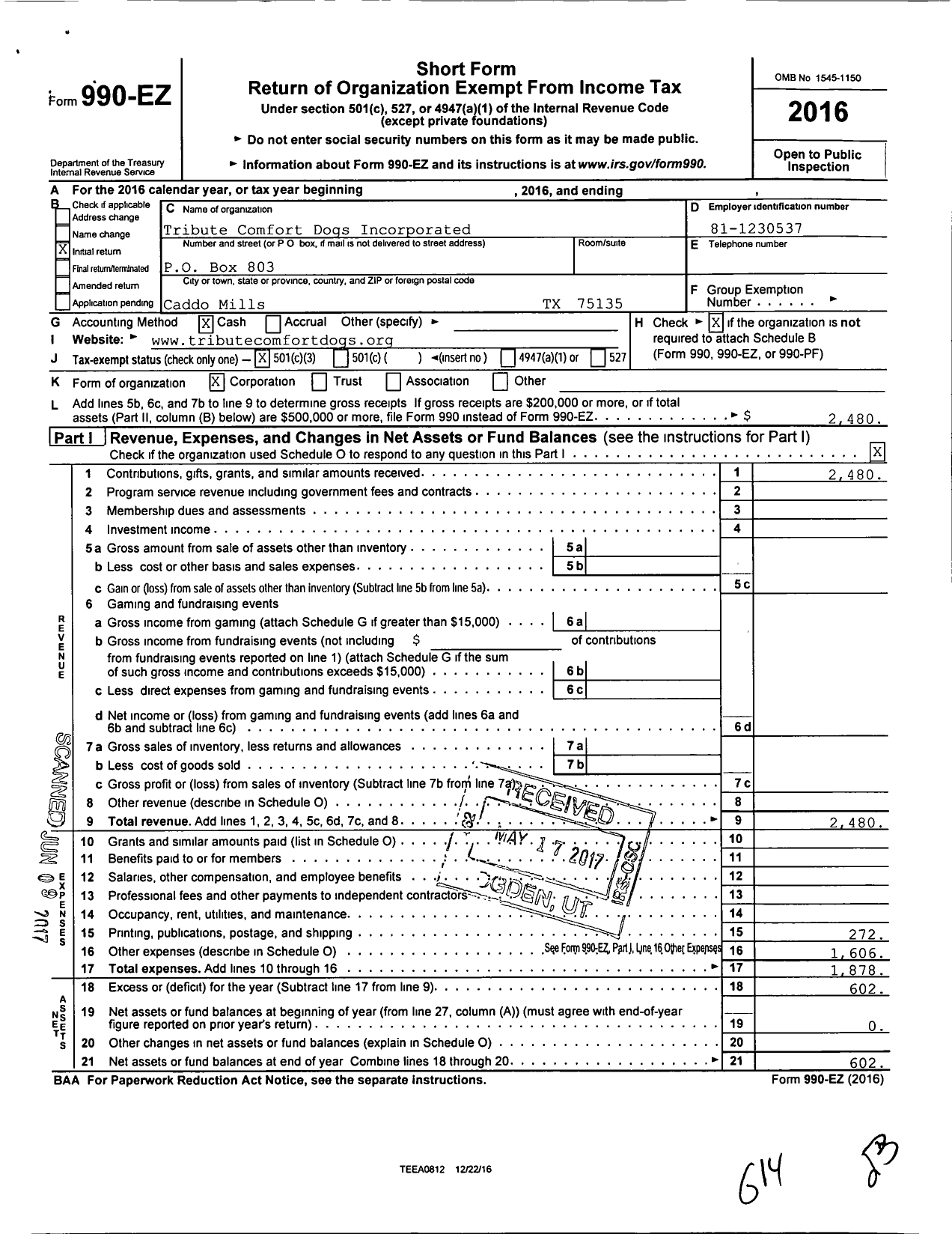 Image of first page of 2016 Form 990EZ for Tribute Comfort Dogs