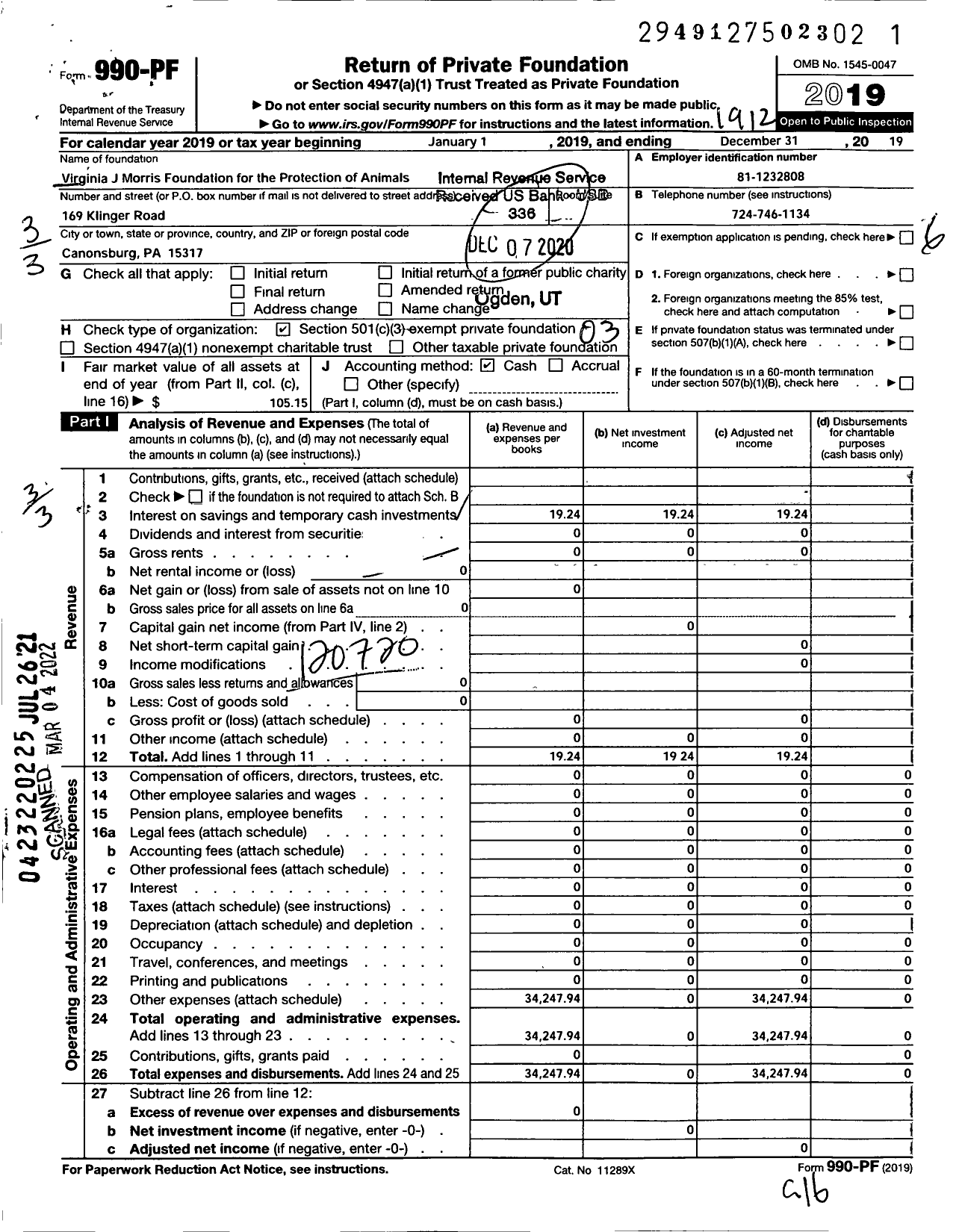 Image of first page of 2019 Form 990PF for Virginia J Morris Foundation for the Protection of Animals