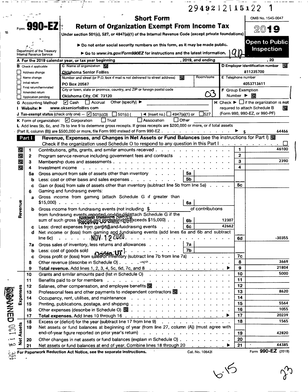 Image of first page of 2019 Form 990EZ for Oklahoma Senior Follies