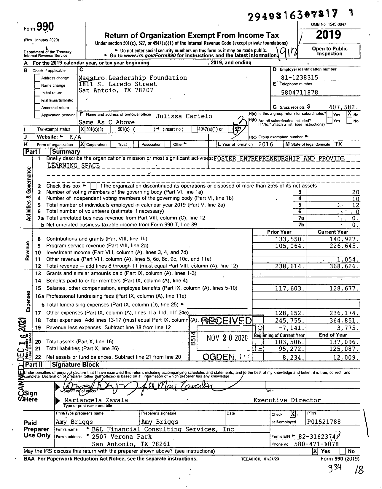 Image of first page of 2019 Form 990 for Maestro Leadership Foundation