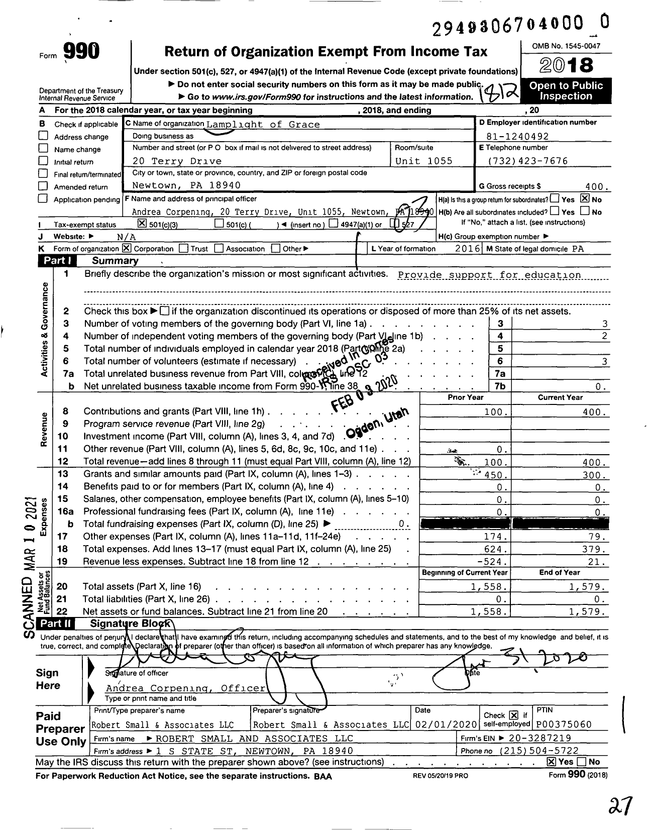 Image of first page of 2018 Form 990 for Lamplight of Grace