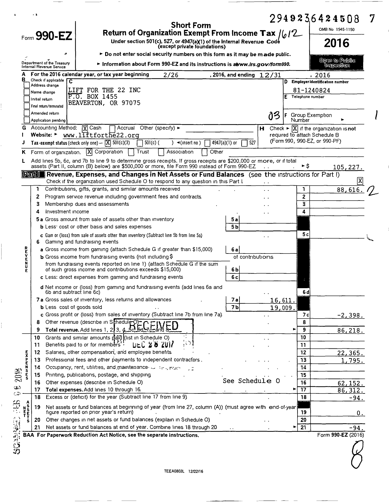 Image of first page of 2016 Form 990EZ for Lift for the 22