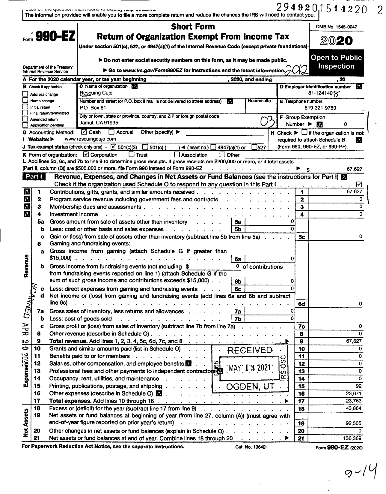 Image of first page of 2020 Form 990EZ for Rescuing Cujo