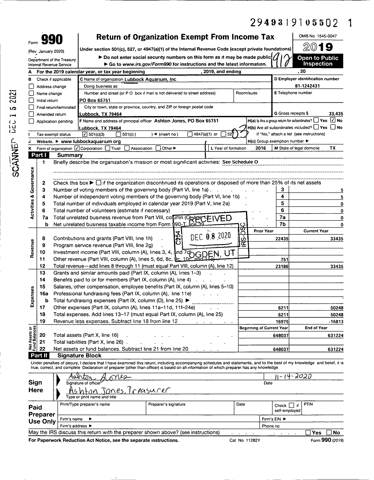 Image of first page of 2019 Form 990 for Lubbock Aquarium