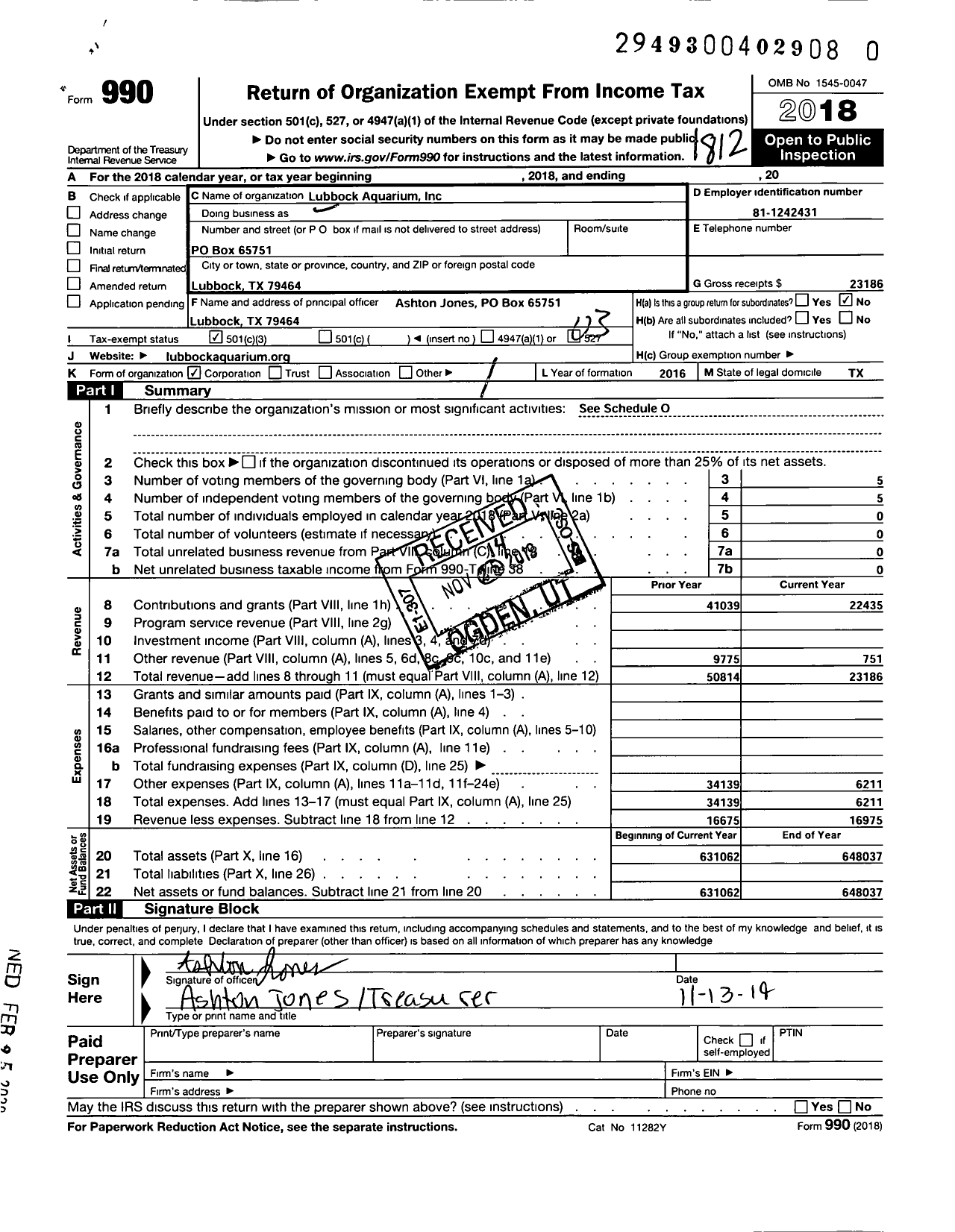 Image of first page of 2018 Form 990 for Lubbock Aquarium