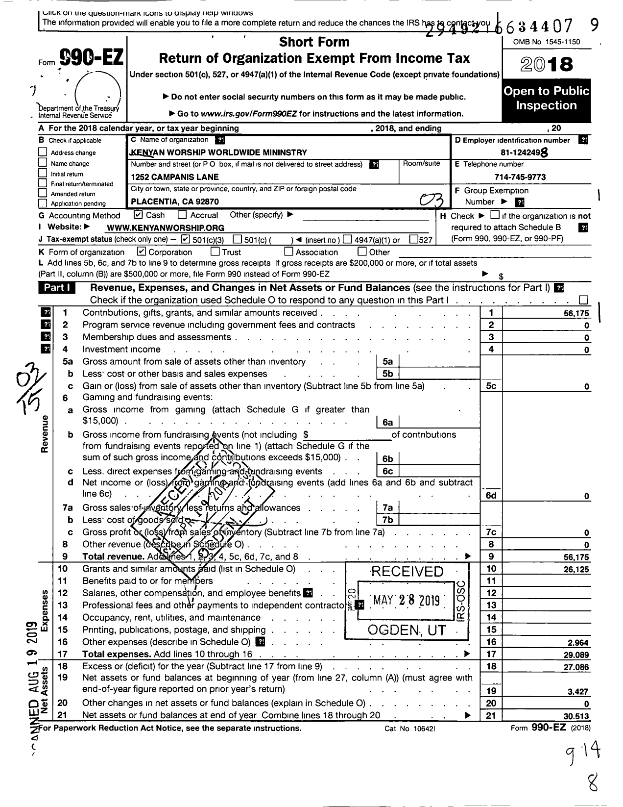 Image of first page of 2018 Form 990EZ for Kenyan Worship Worldwide Ministry