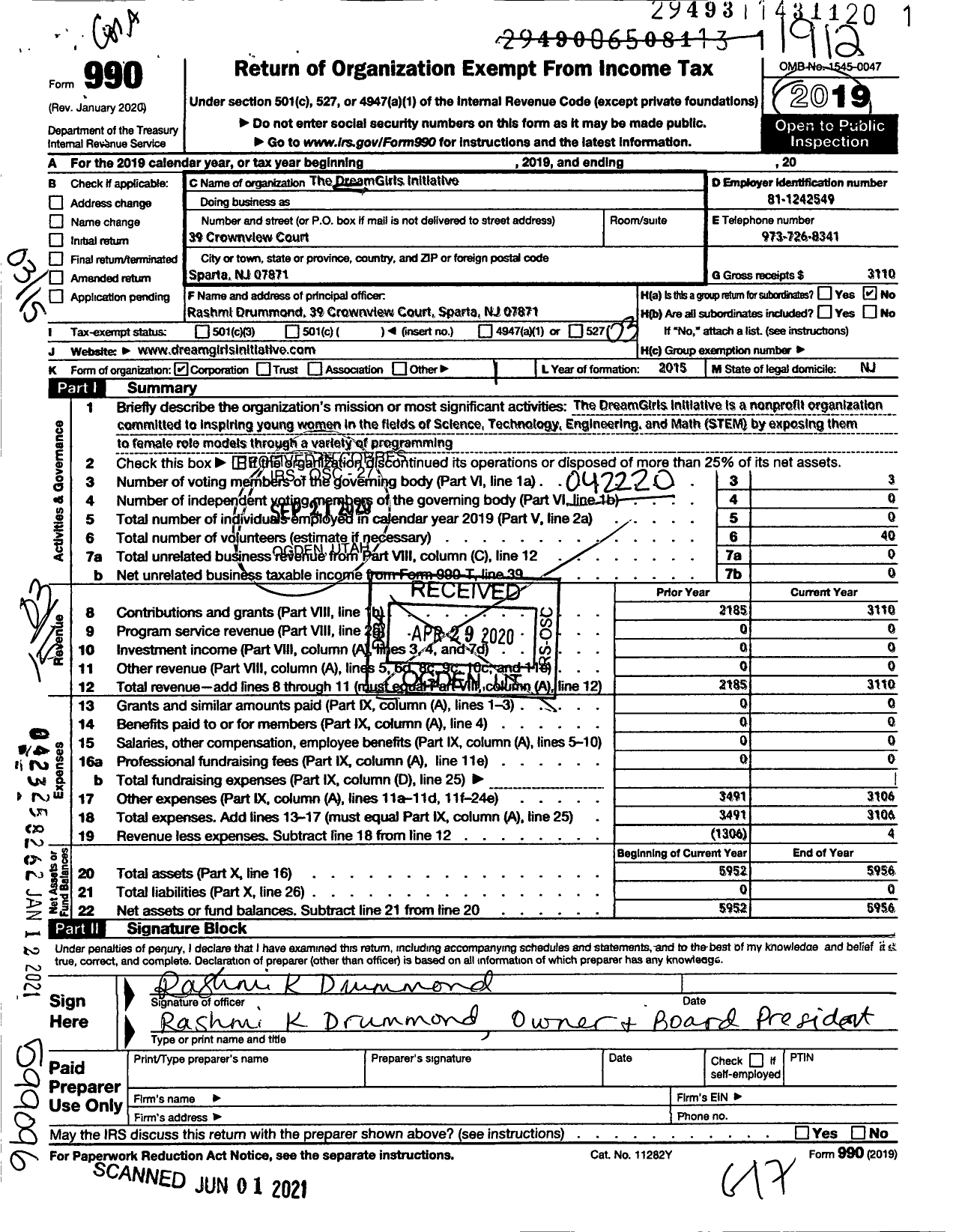 Image of first page of 2019 Form 990 for Dreamgirls Initiative A NJ Nonprofit Corporation