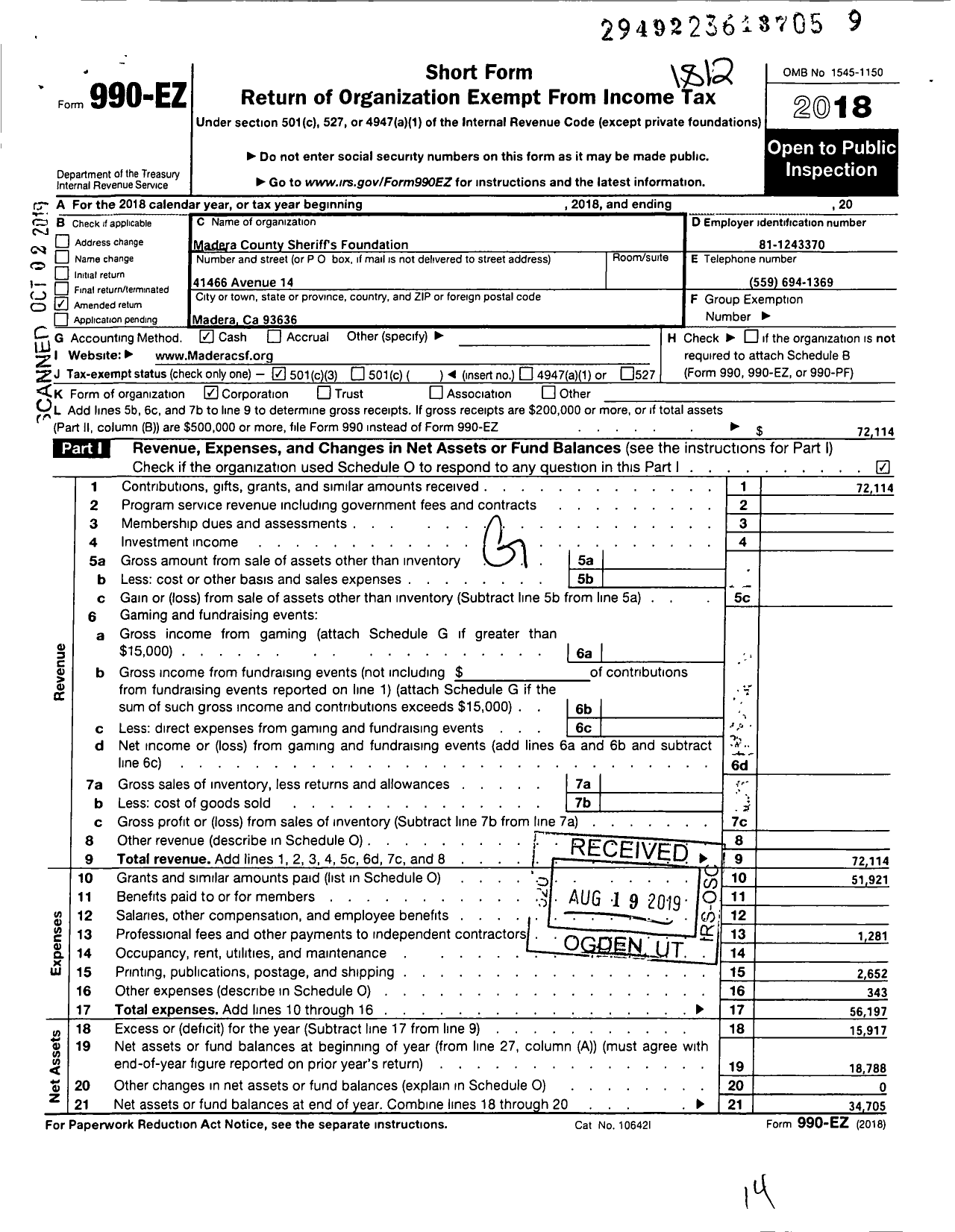 Image of first page of 2018 Form 990EZ for Madera County Sheriffs Foundation