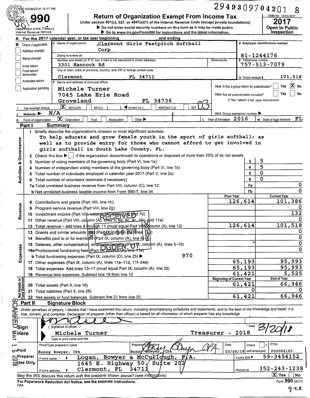 Image of first page of 2017 Form 990 for Clermont Girls Fastpitch Softball Corporation