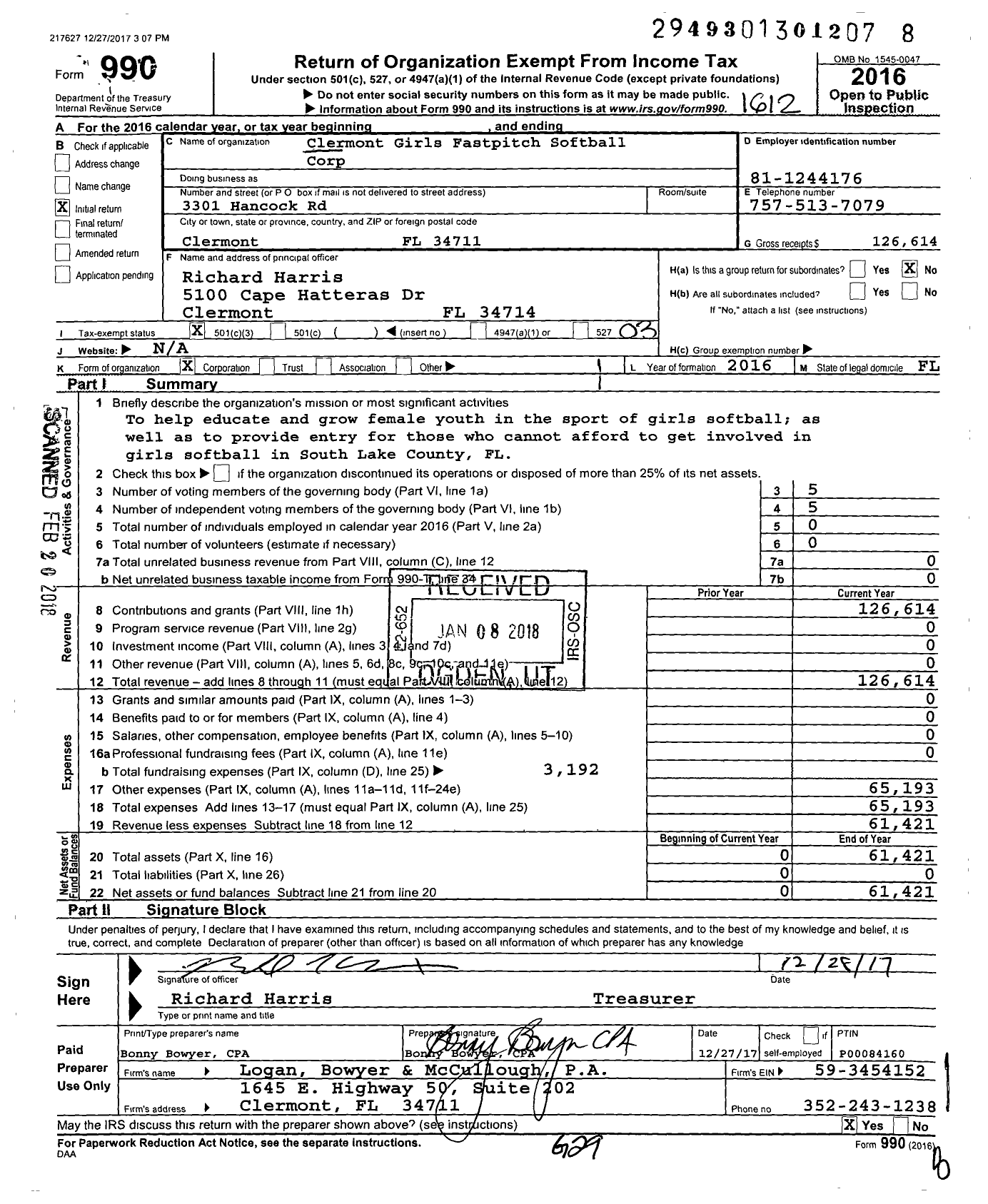 Image of first page of 2016 Form 990 for Clermont Girls Fastpitch Softball Corporation