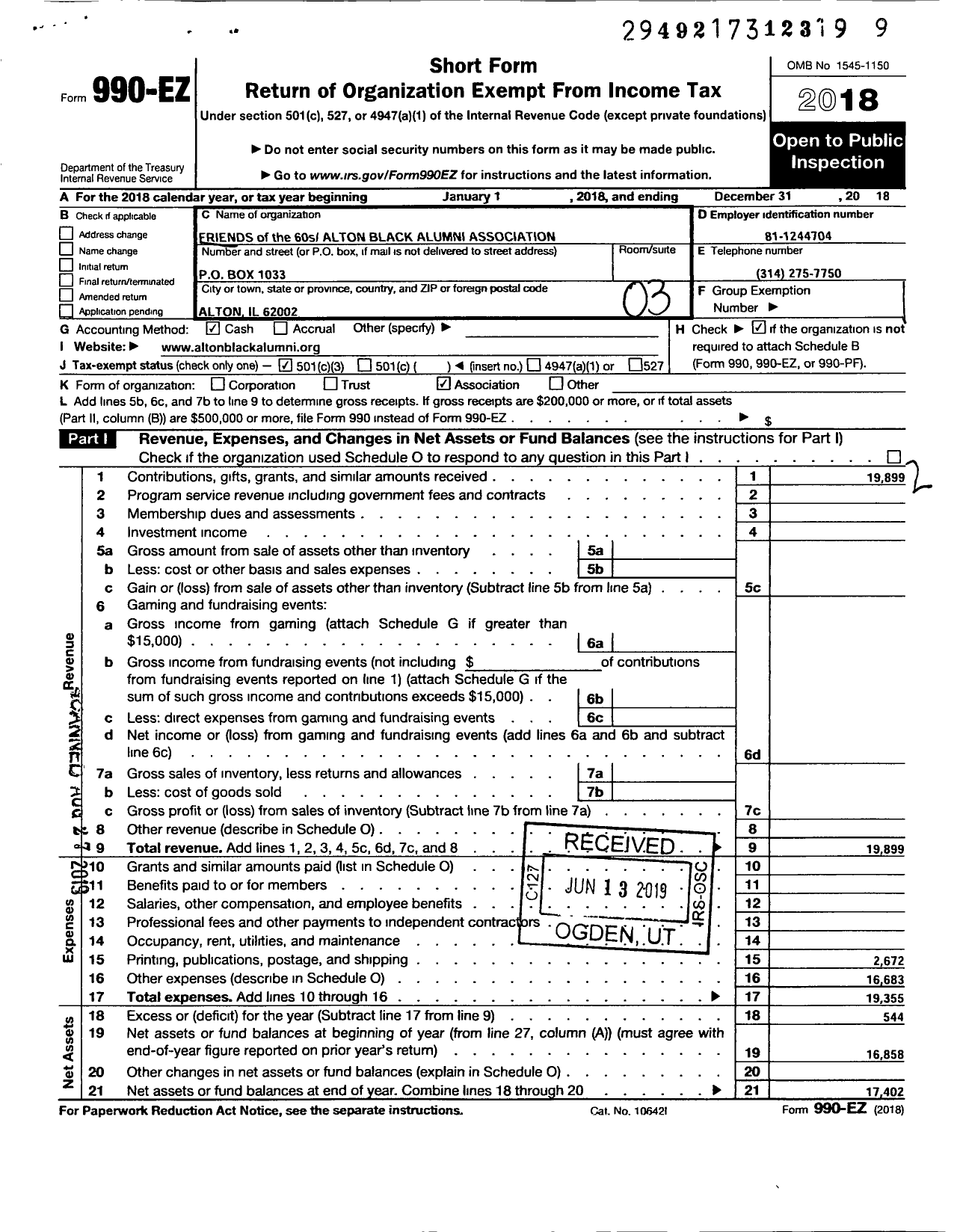 Image of first page of 2018 Form 990EZ for Friends of the 60s Alton Black Alumni Association