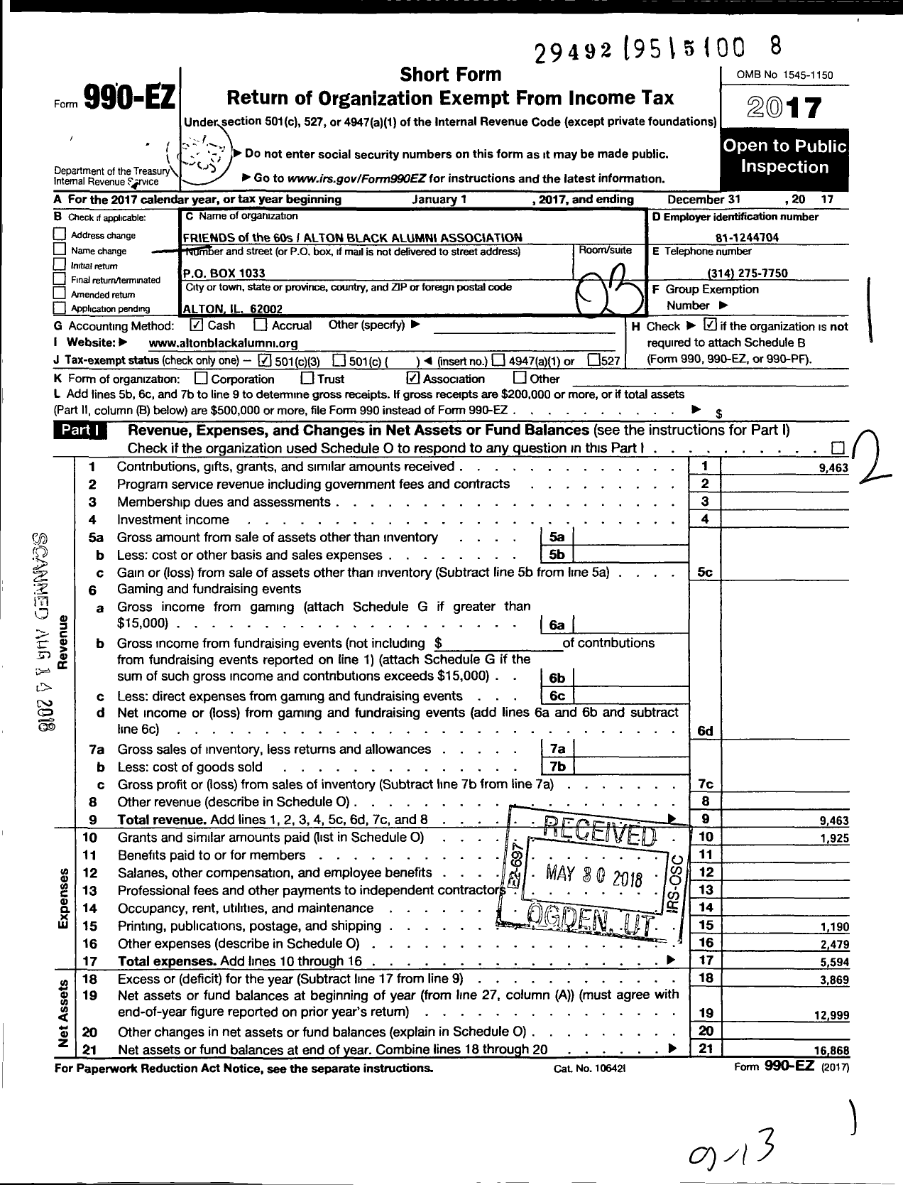 Image of first page of 2017 Form 990EZ for Friends of the 60s Alton Black Alumni Association