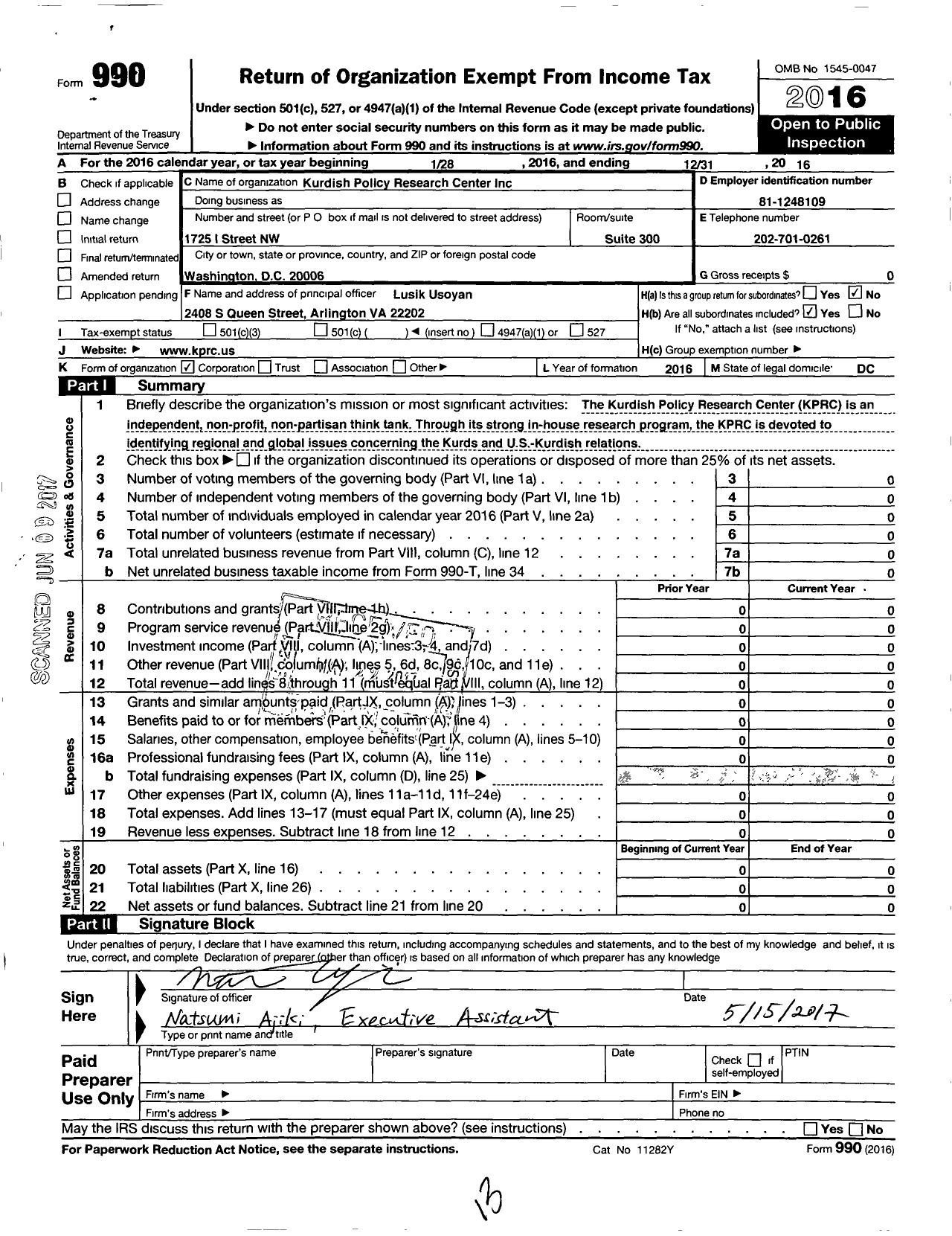 Image of first page of 2016 Form 990O for Kurdish Policy Research Center