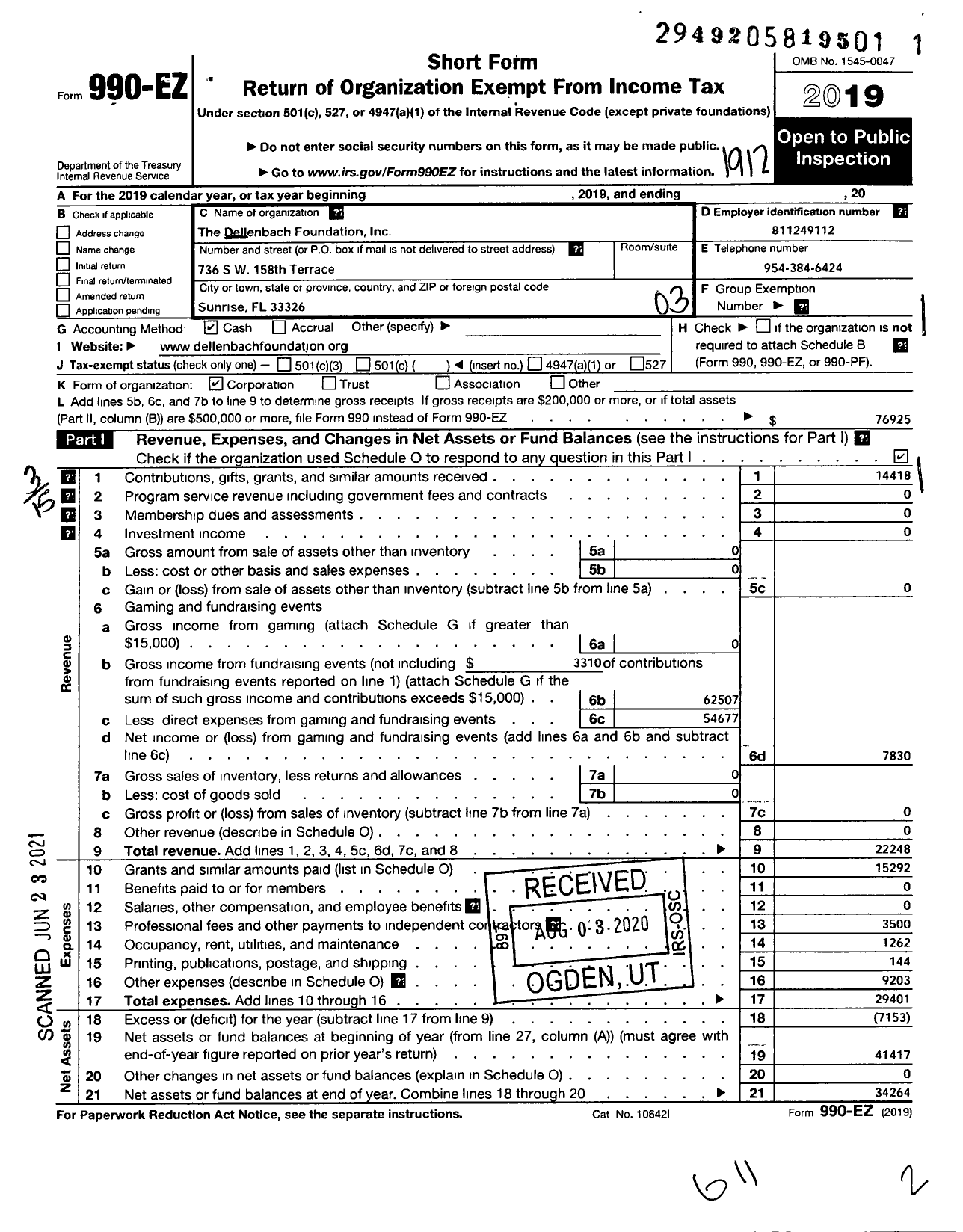Image of first page of 2019 Form 990EZ for Dellenbach Foundation