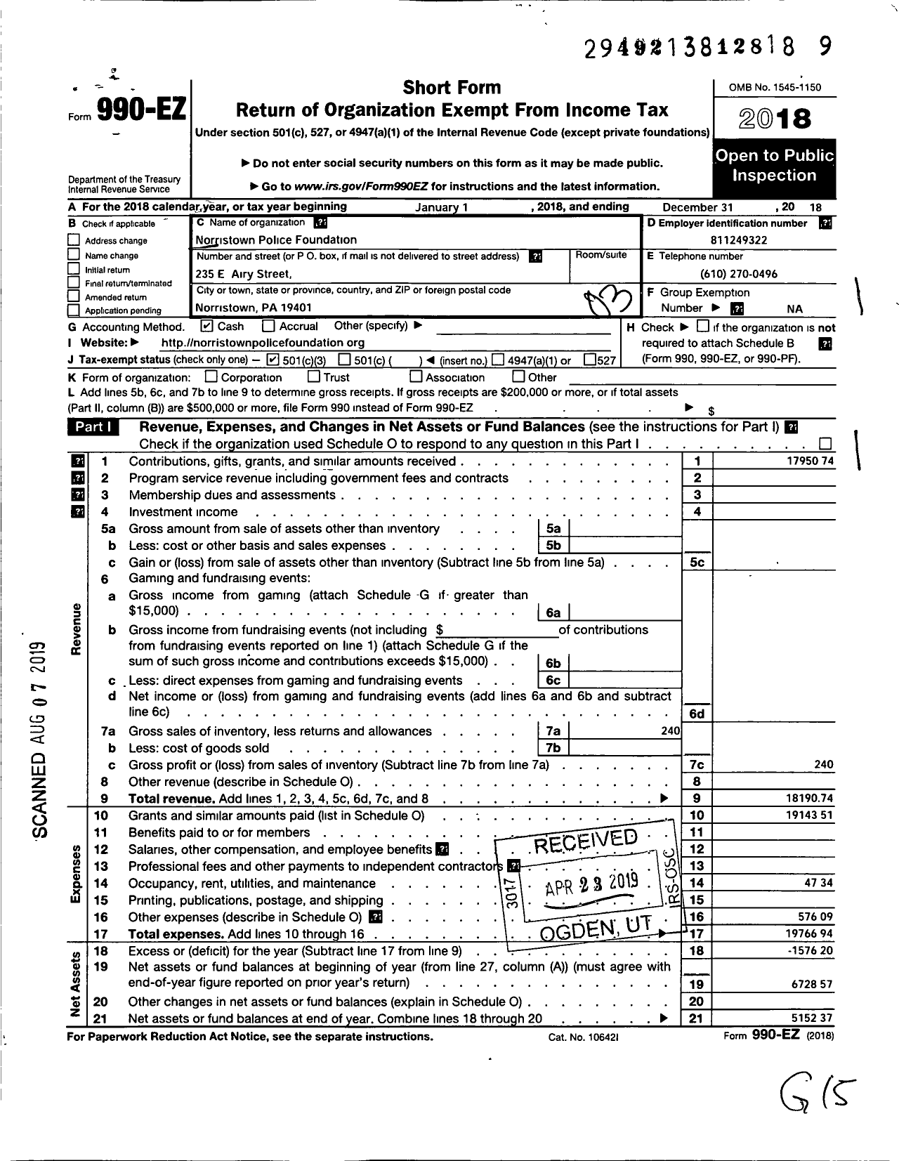 Image of first page of 2018 Form 990EZ for Norristown Police Foundation