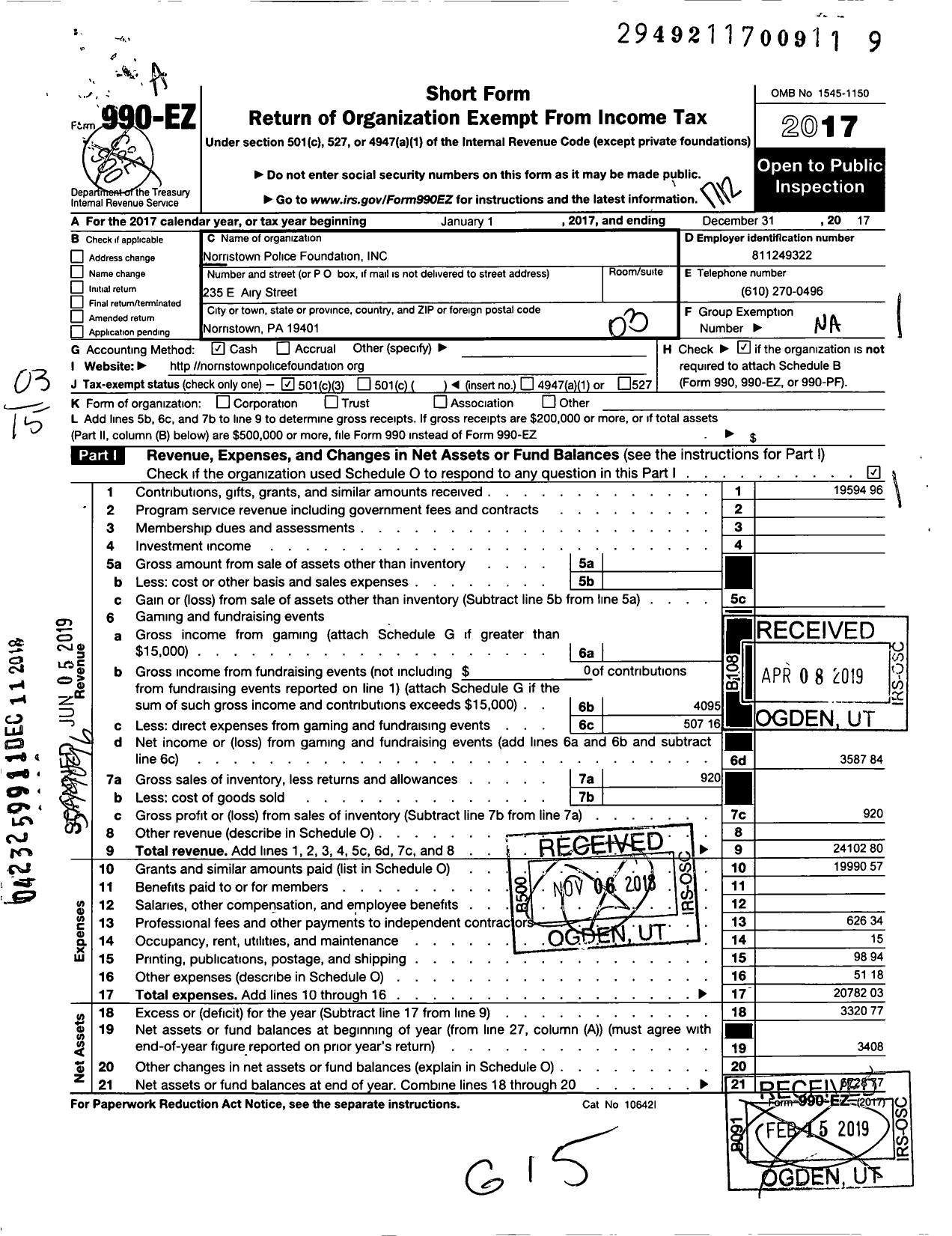 Image of first page of 2017 Form 990EZ for Norristown Police Foundation