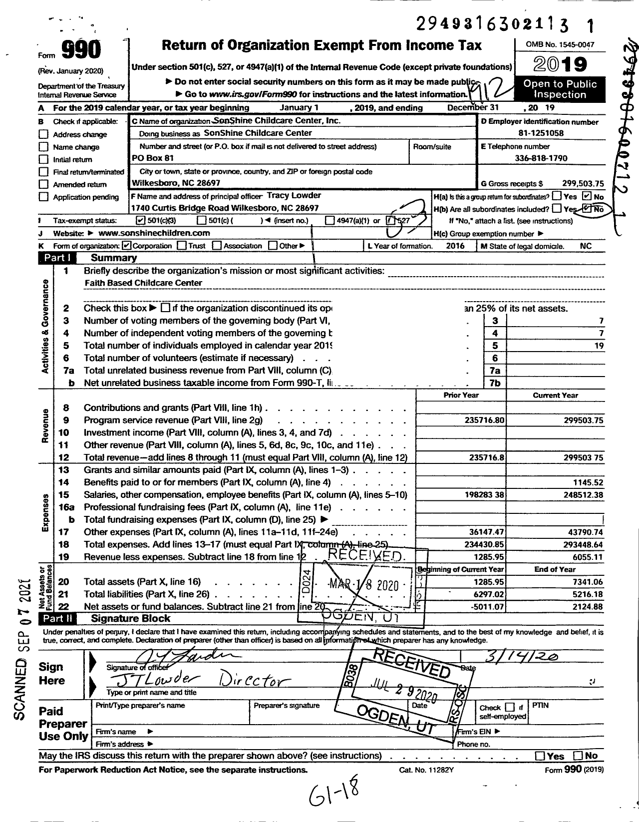 Image of first page of 2019 Form 990 for Sonshine Childcare Center