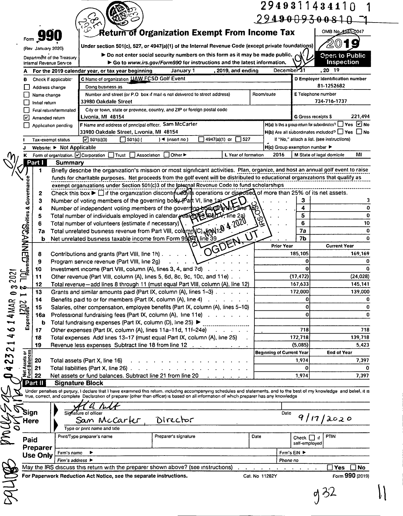 Image of first page of 2019 Form 990 for The Toney Foundation