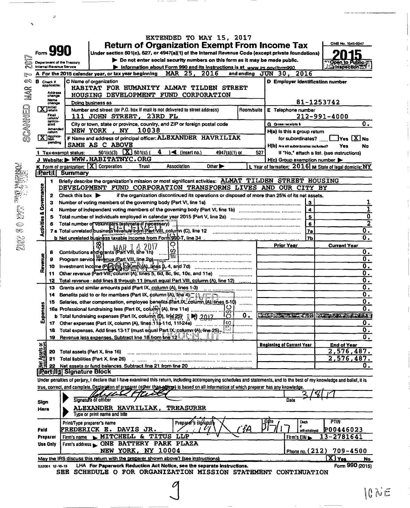 Image of first page of 2015 Form 990O for Habitat for Humanity Almat Tilden Street Housing Development Fund Corporation